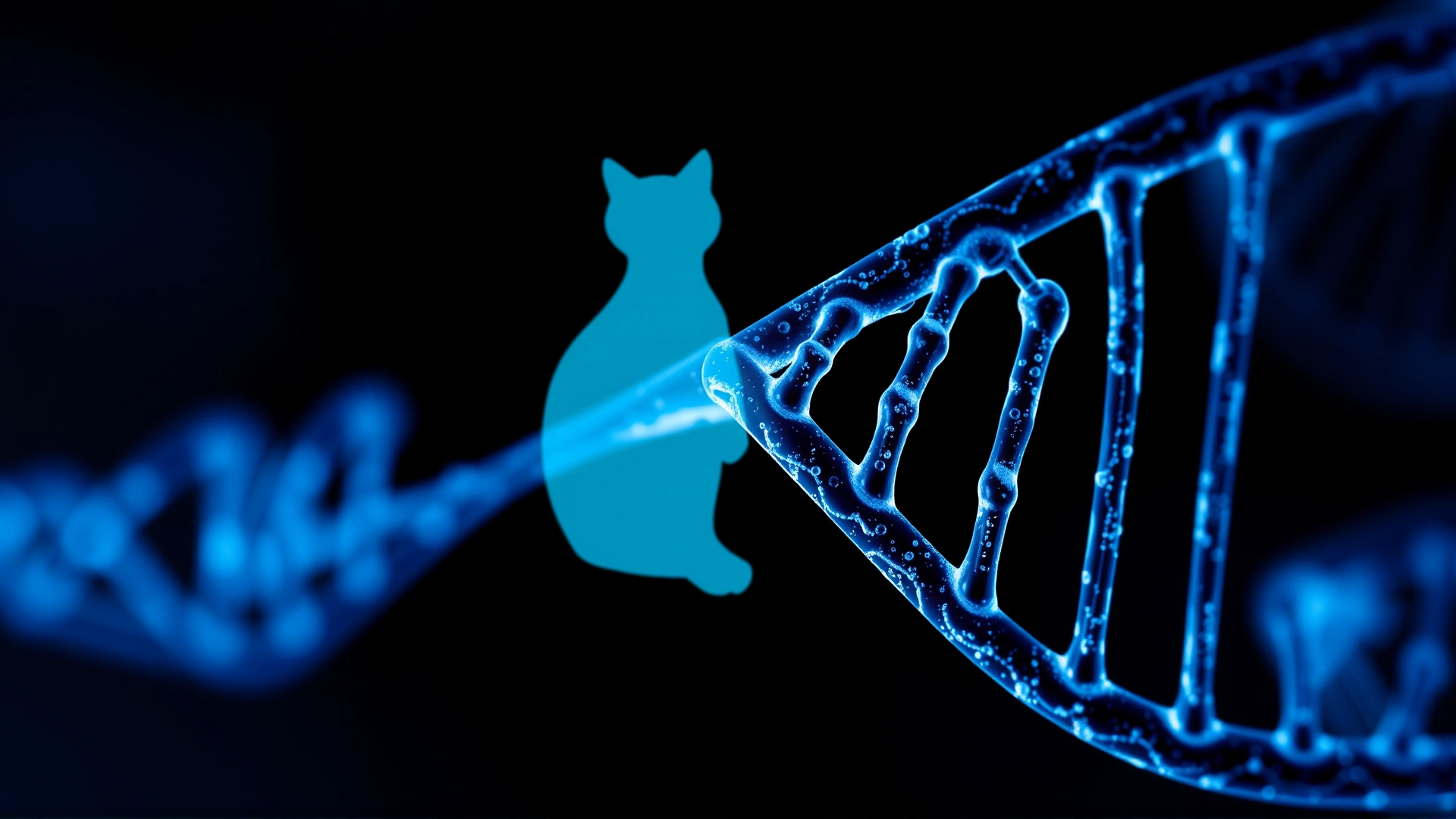 Stylized macro photograph of a DNA double helix with subtle cat silhouette overlay, soft blue lighting, scientific feel (no text)