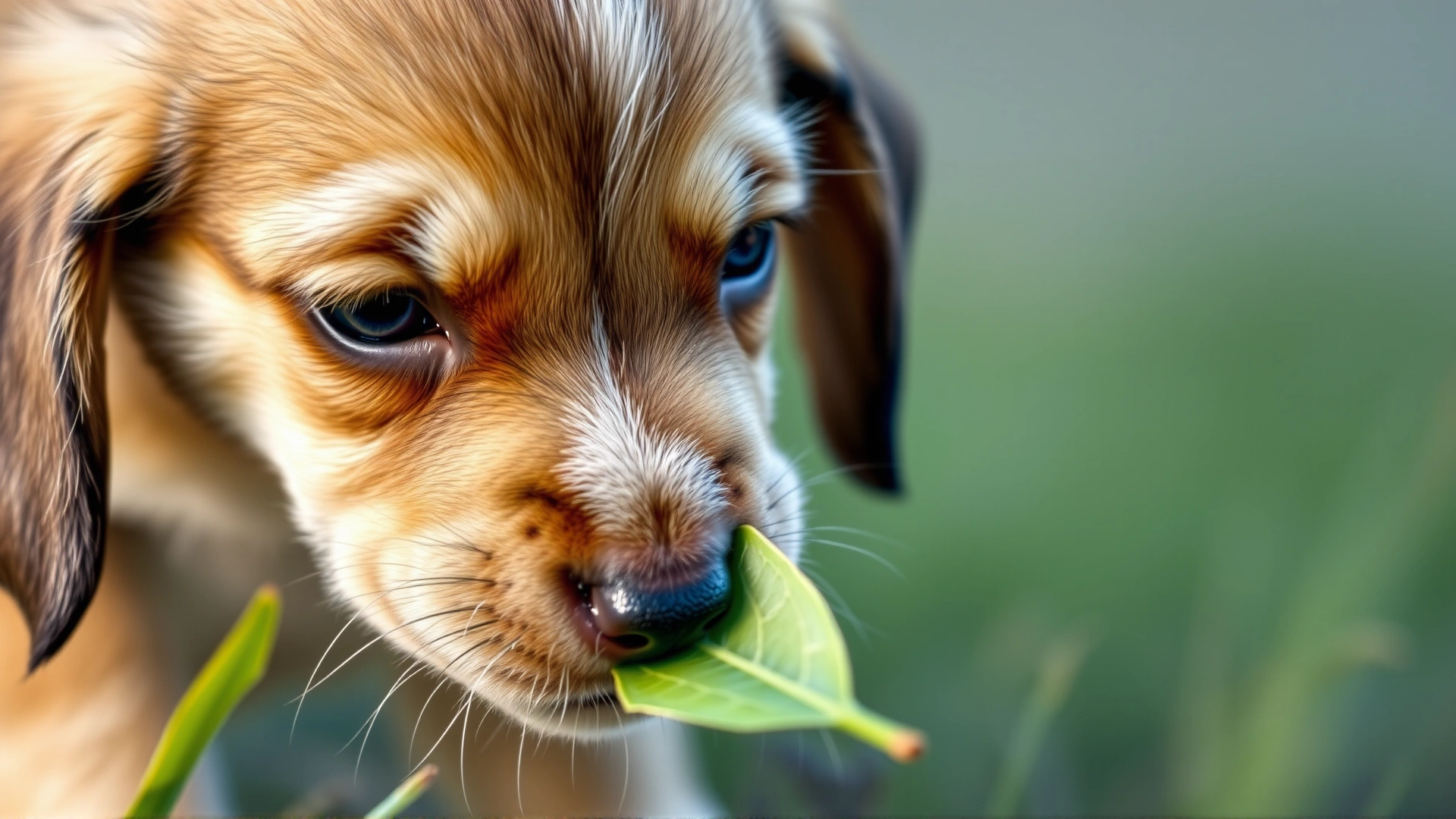Close-up of a curious puppy sniffing a leaf, shallow depth of field, symbolizing genetics and early development.