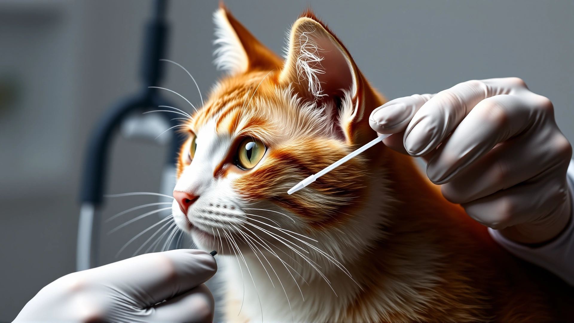 Veterinarian holding a DNA test swab next to a cat, illustrating genetic screening