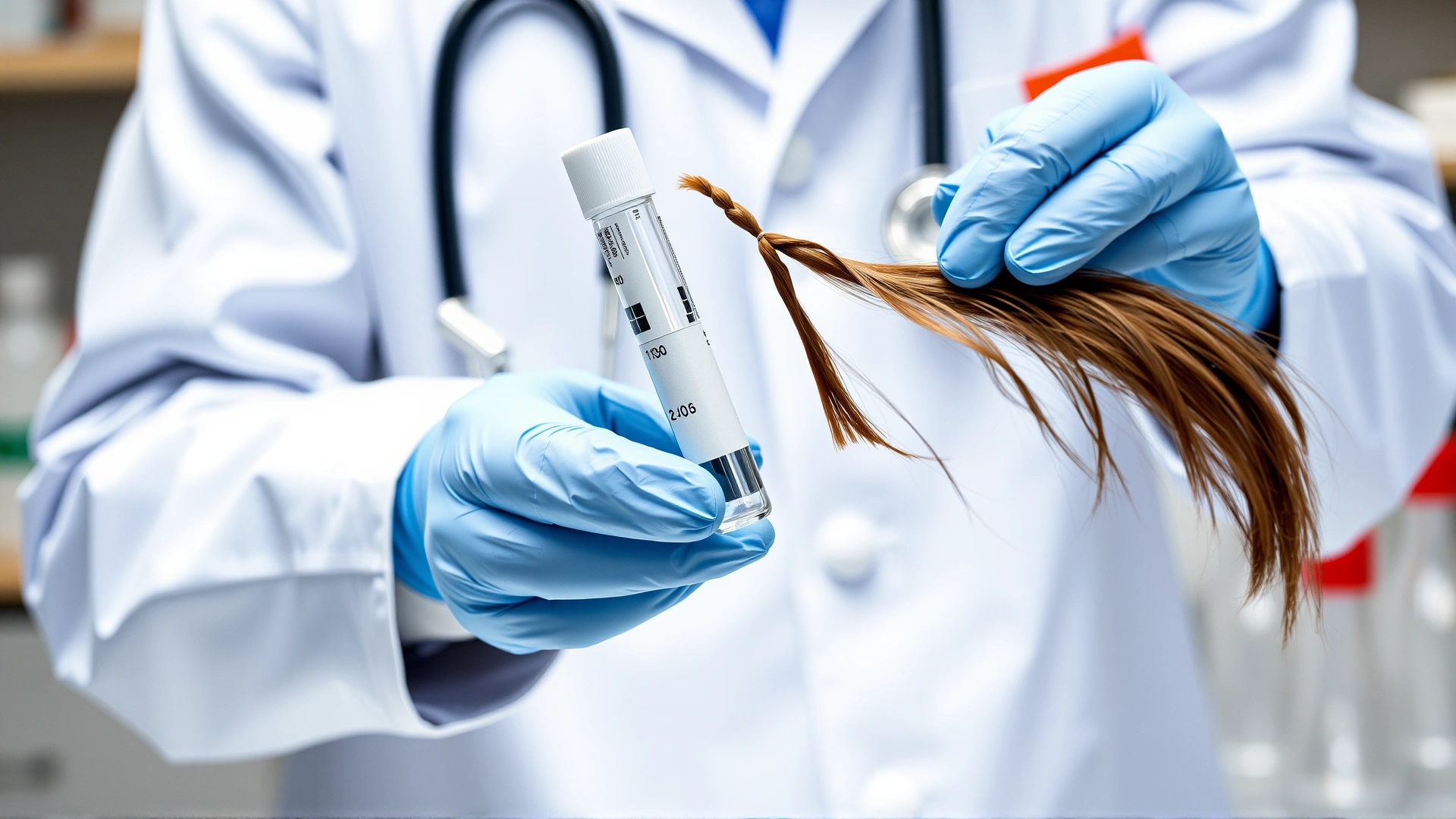 Veterinarian holding a labeled test tube and a small bundle of horse tail hair over a lab bench, symbolizing genetic testing.