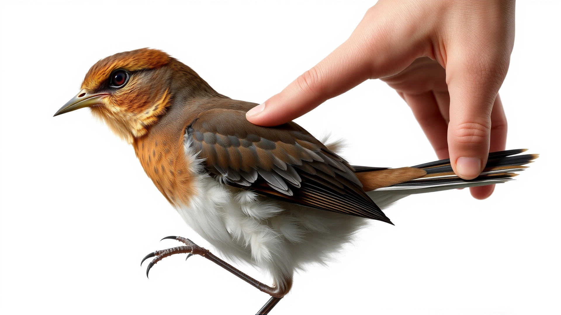 Illustrative photo of a bird slightly fluffing and leaning away while a hand approaches its back and wings, conveying discomfort, plain backdrop