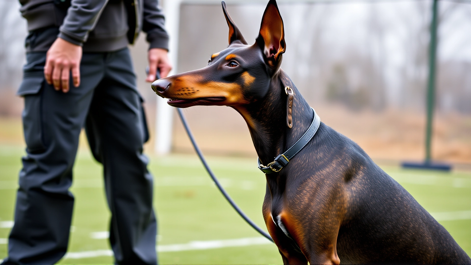 Doberman Pinscher in a focused heel position next to its trainer on a training field.