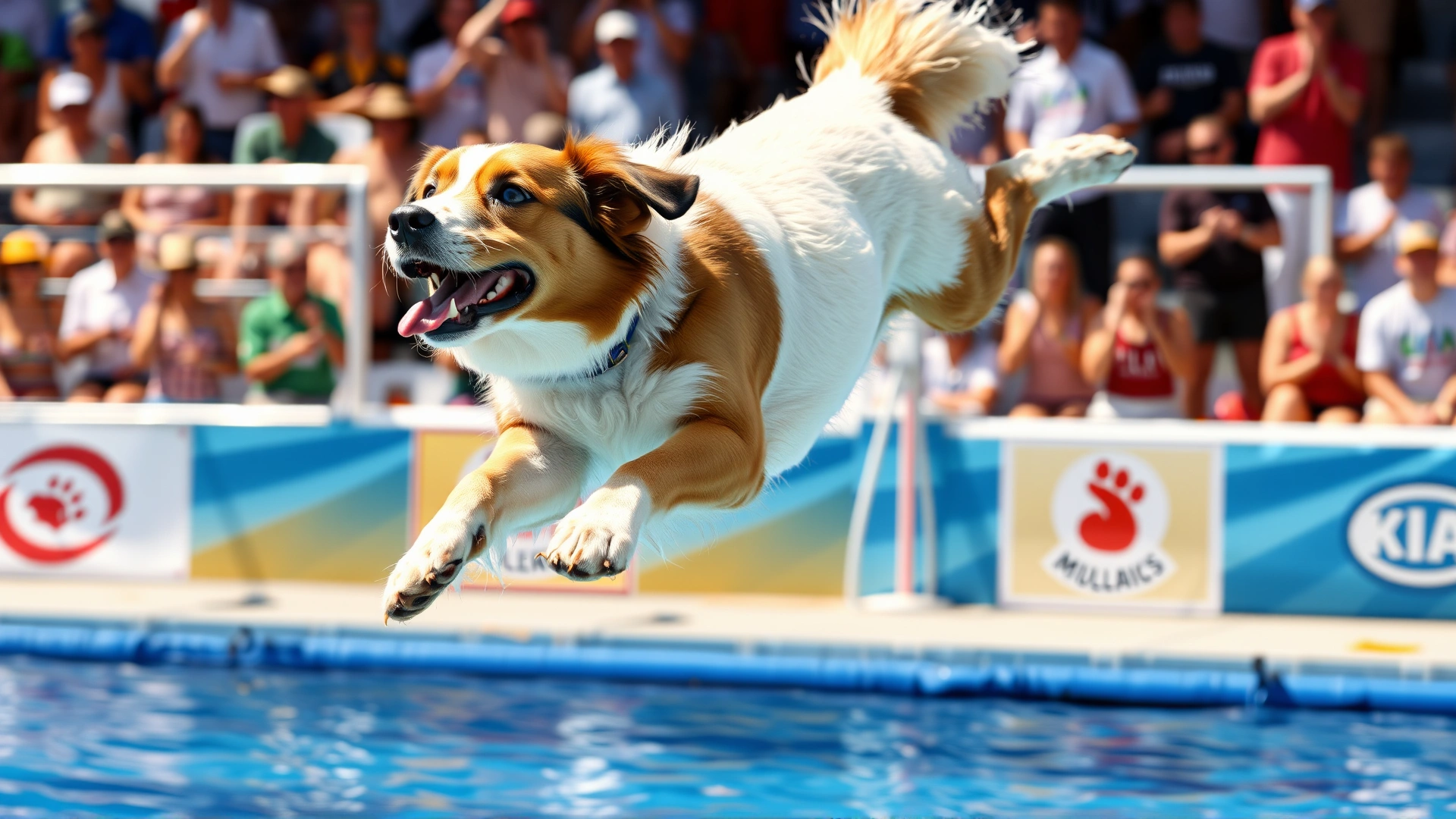 Dog mid-air during a dock diving competition, captured just before hitting the water; clear blue pool and cheering crowd in background