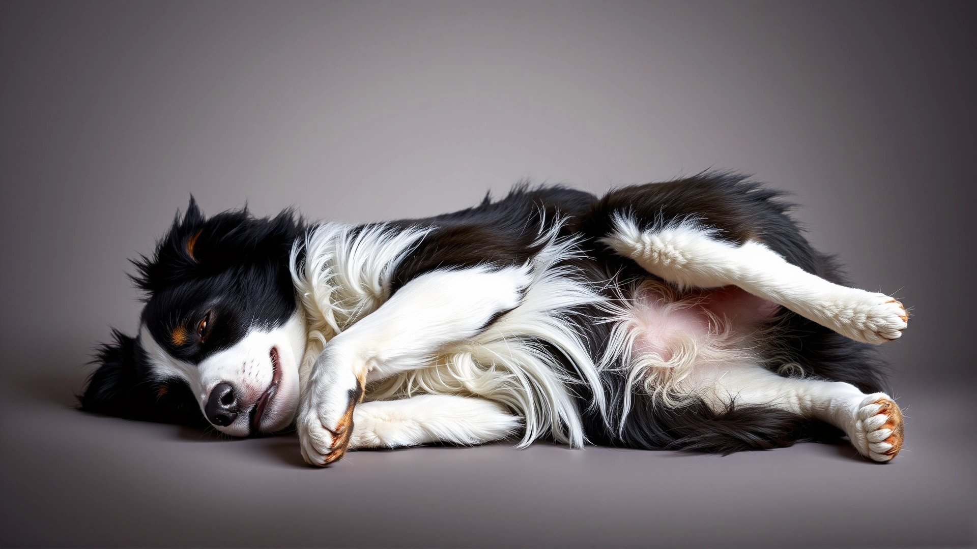 Border collie lying on its side with legs twitching as if running while asleep, illustrating REM behavior disorder