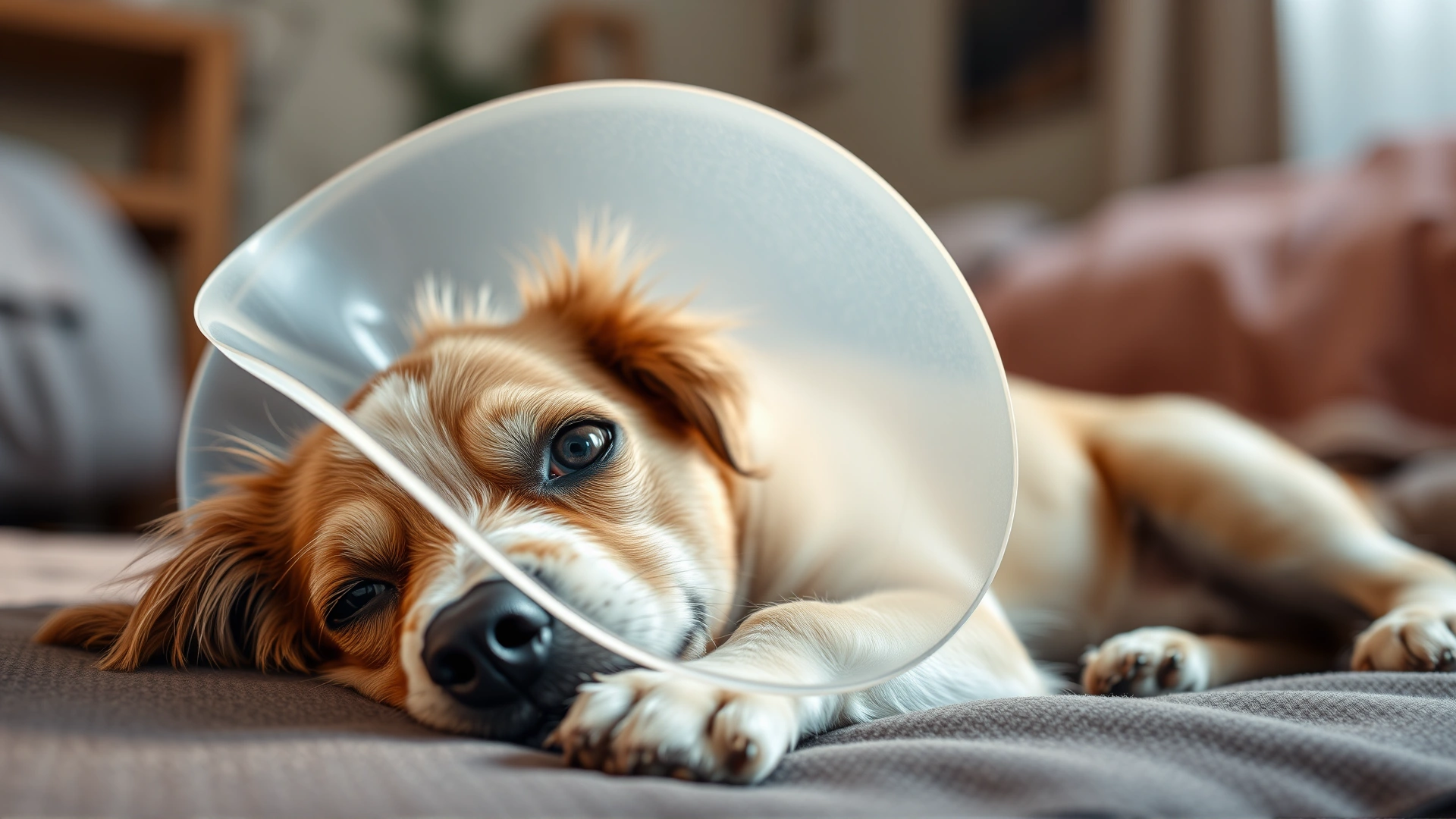 Small dog resting comfortably at home wearing a protective cone collar after eye surgery, soft indoor lighting.