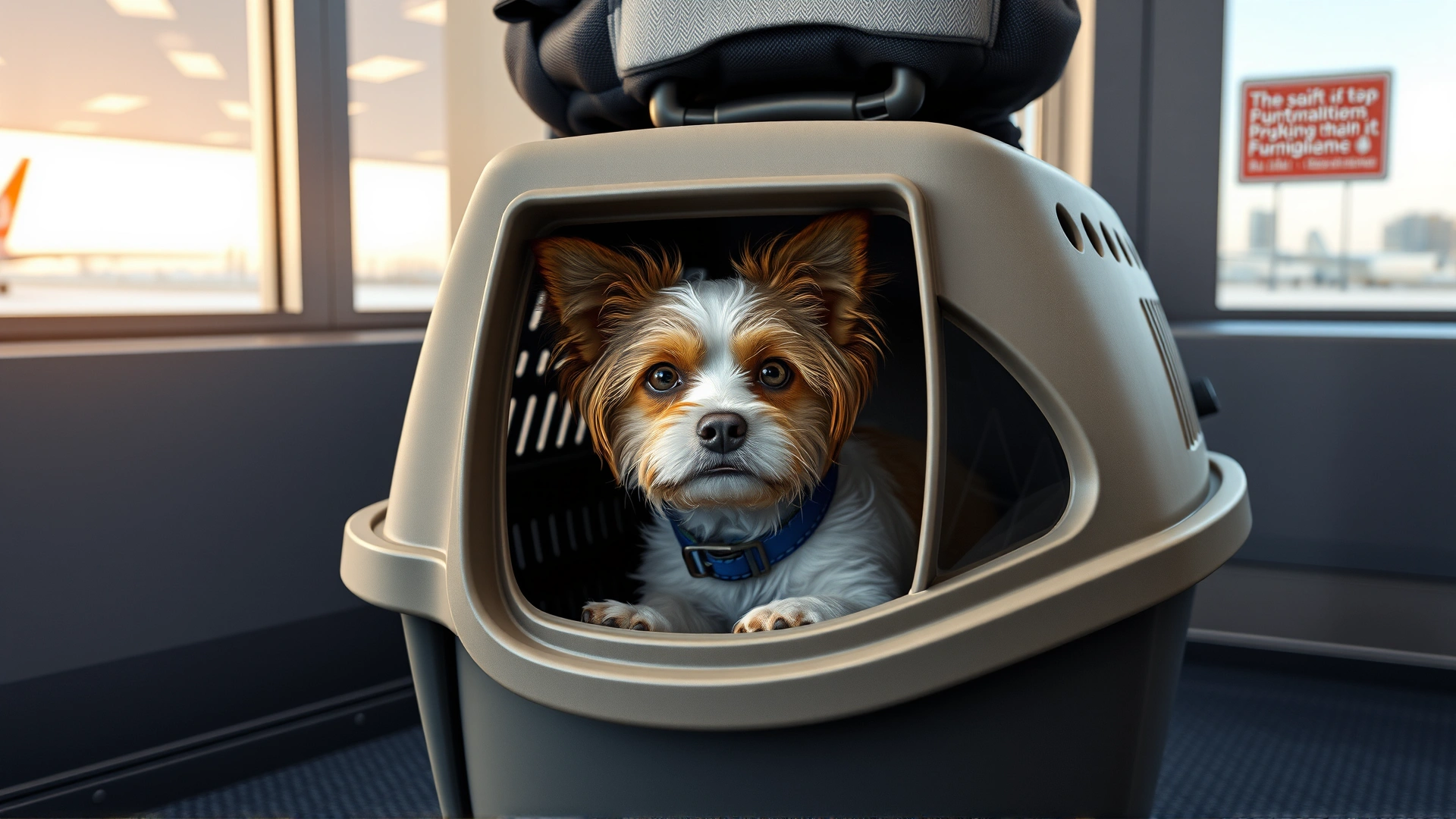 Small dog inside a ventilated airline-approved carrier at an airport gate with snow visible through the large window; showcases air travel preparations in winter