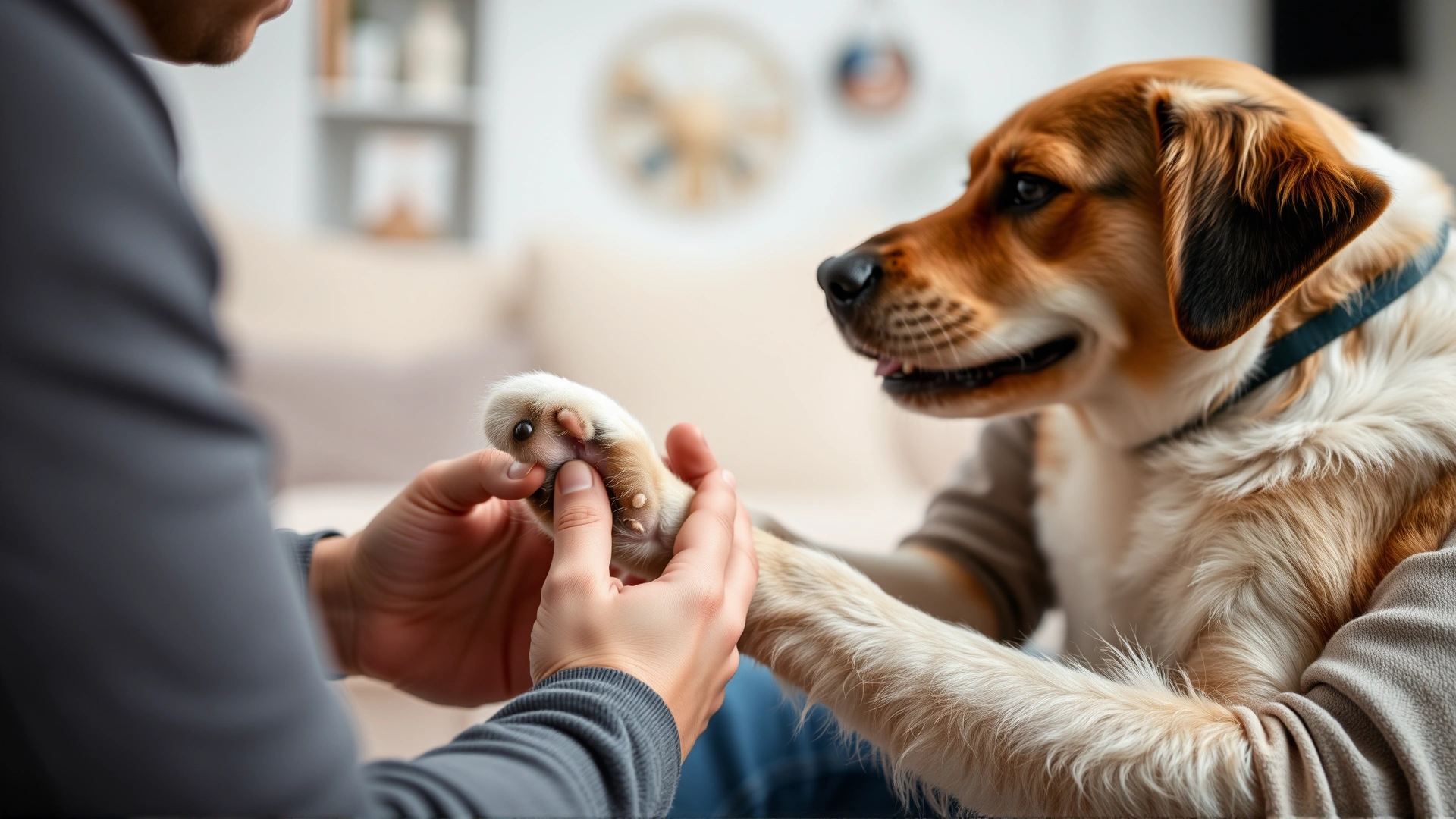 Pet owner gently examining a dog’s paw and skin for allergic reactions, soft focus living room background.