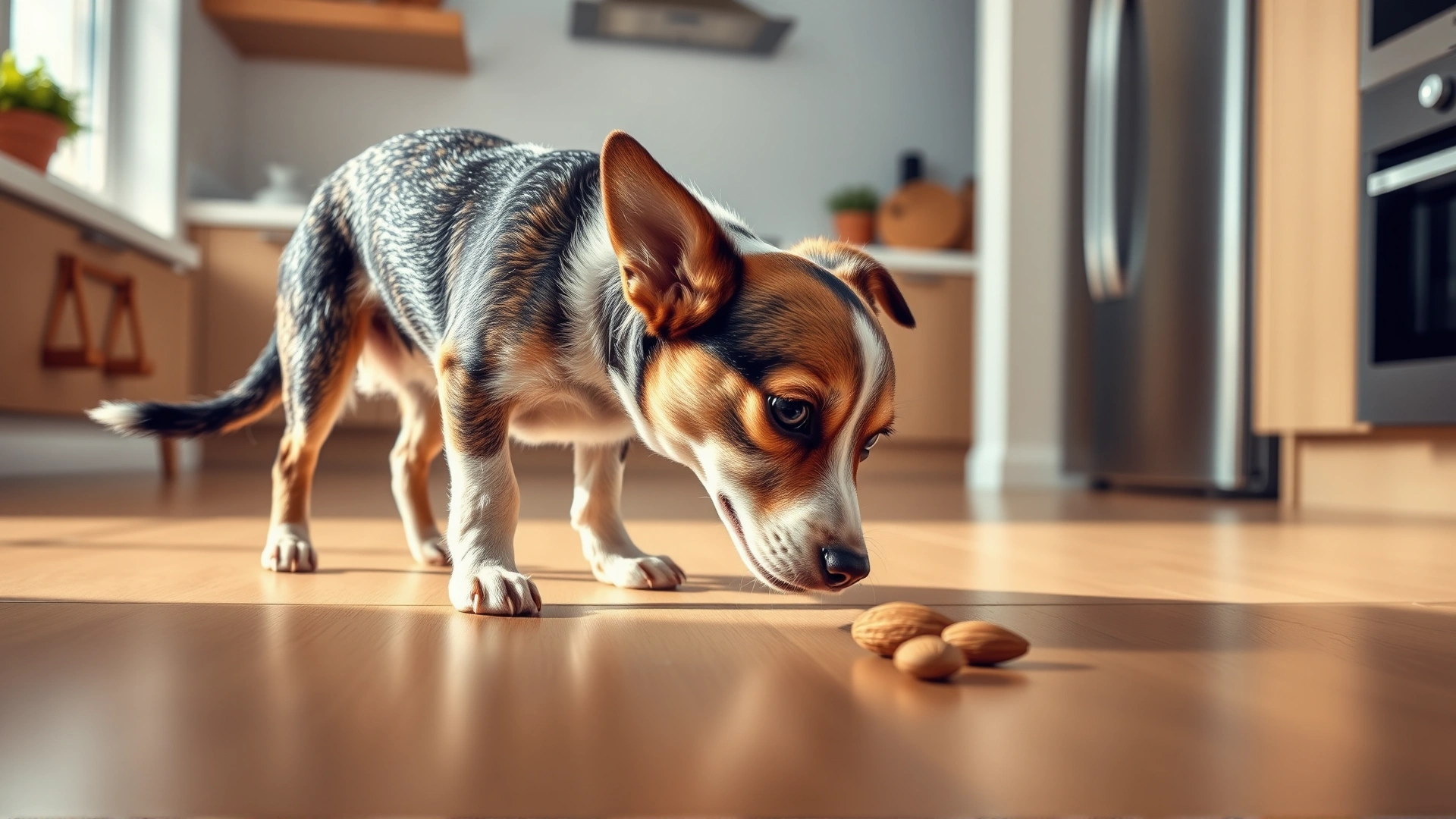 Small mixed-breed dog sniffing a single almond on a kitchen floor, captured from side angle, bright and clean background