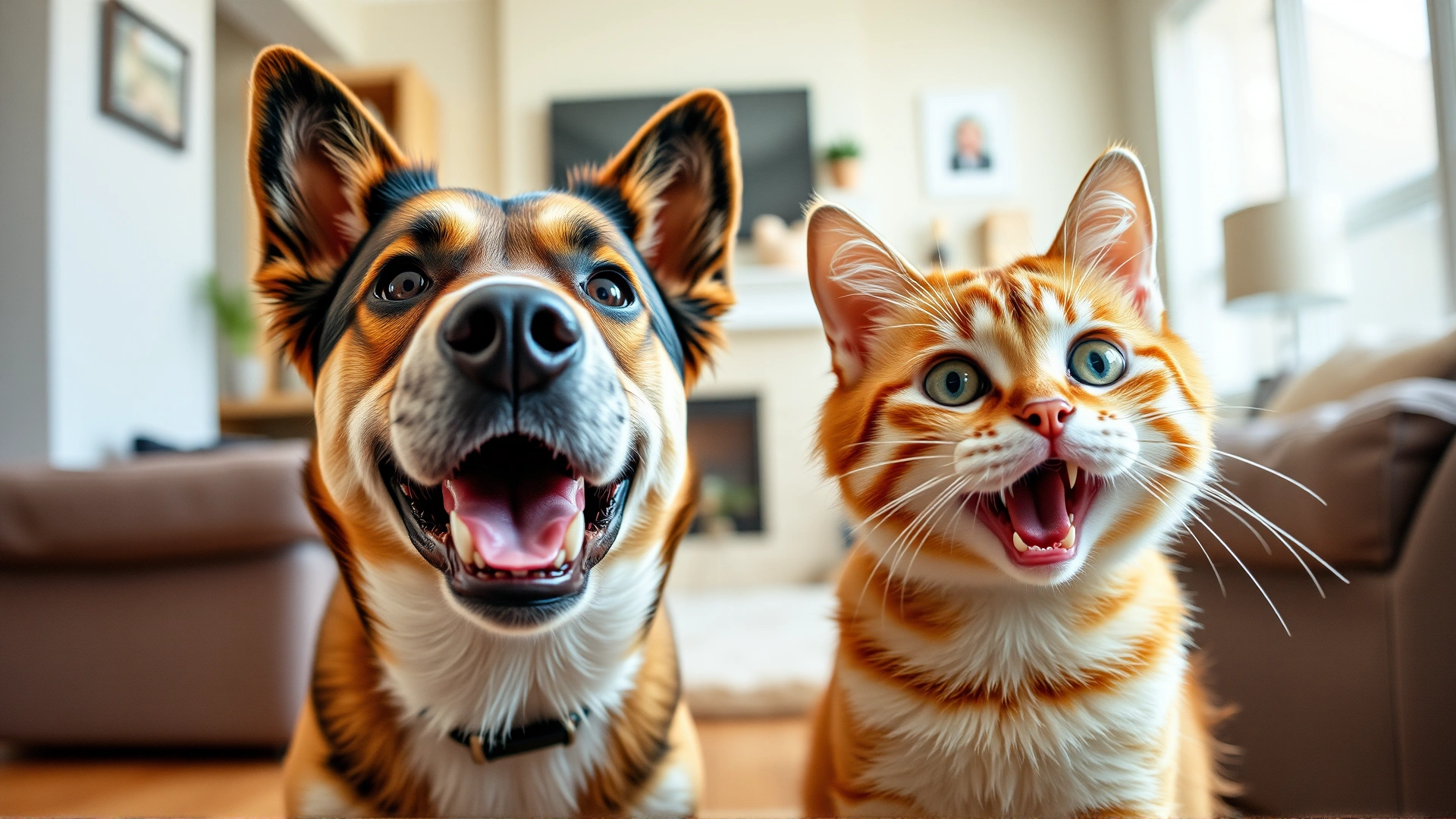 Friendly dog and cat facing camera with playful expressions, both showing their teeth in a home living room setting