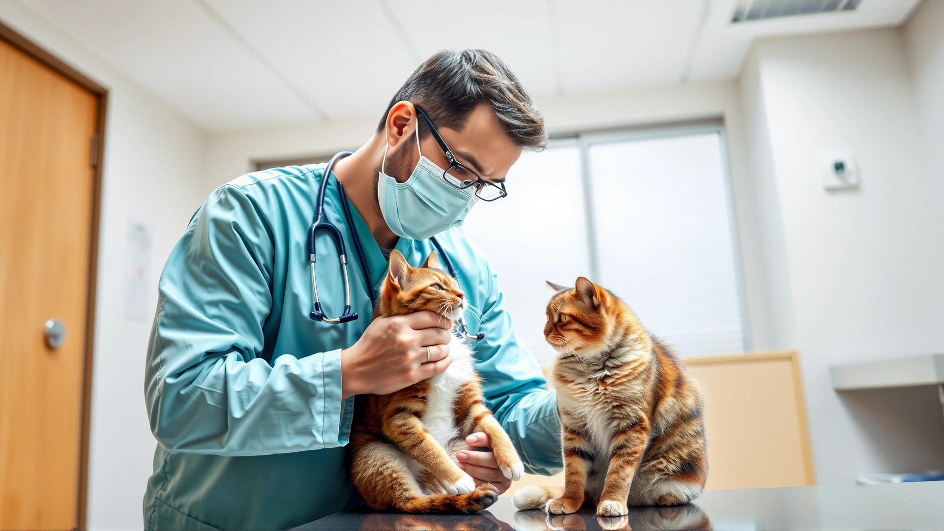 A veterinarian gently examining a dog and a cat together in a bright clinic room, emphasizing a caring and professional atmosphere, no text visible