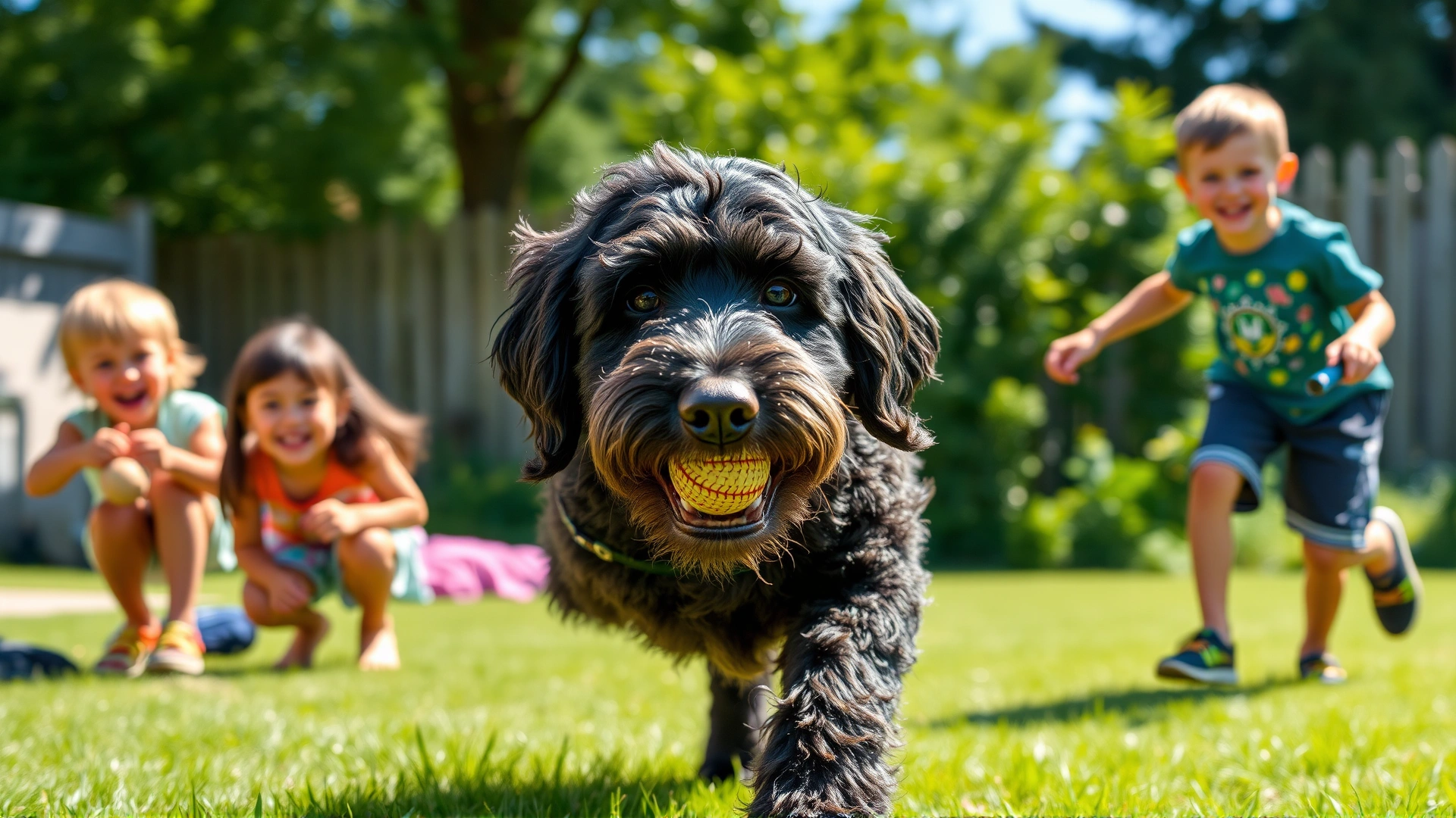 Curly-Coated Retriever playing fetch with two smiling children in a sunny backyard, mid-action with a ball in its mouth.