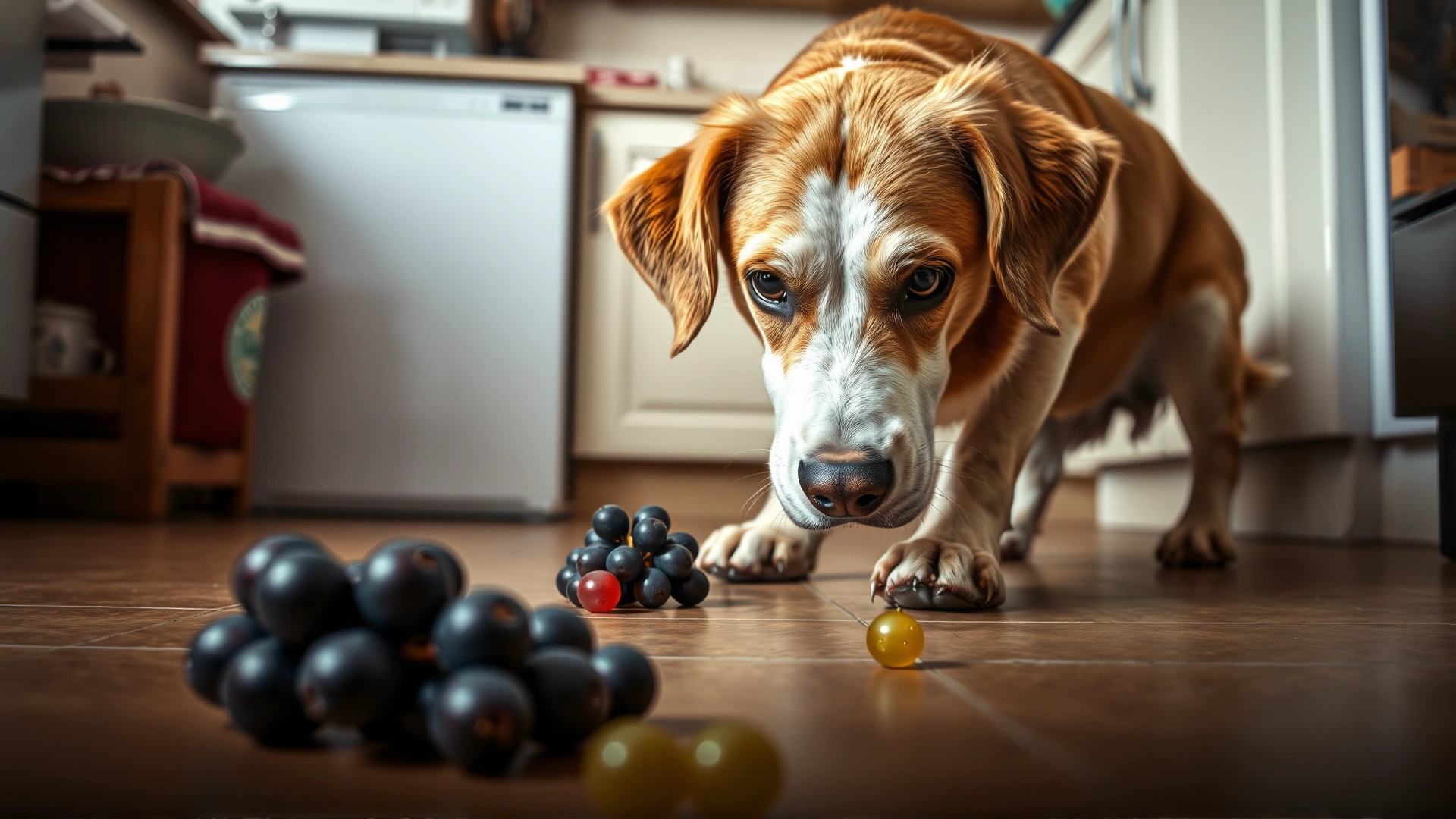 Medium shot of a dog staring at a scattered bunch of grapes on the floor, emphasizing danger, indoor kitchen environment