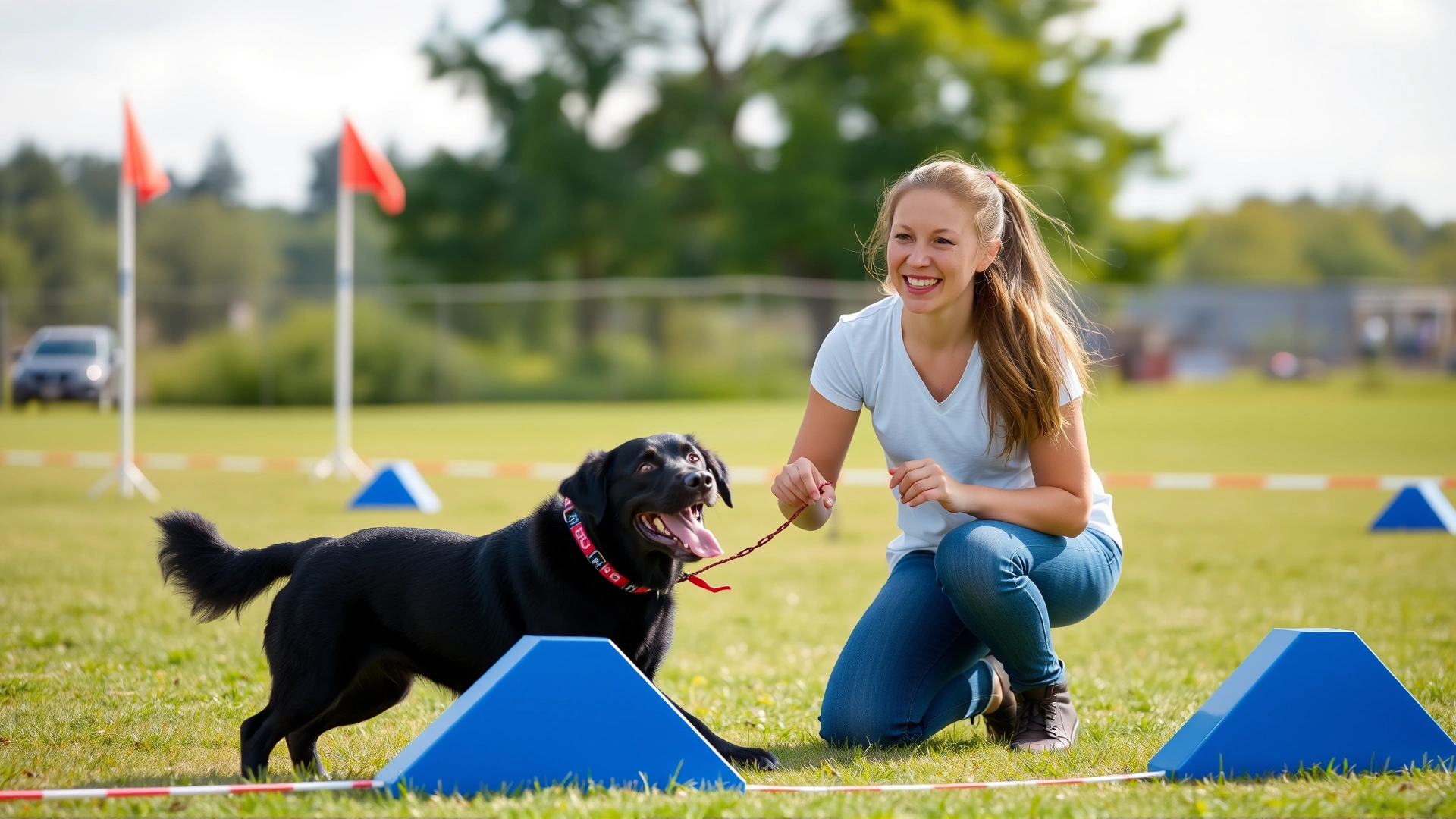 Friendly female dog handler kneeling beside her energetic black Labrador on a flyball course, both looking excited before the run, sunny day