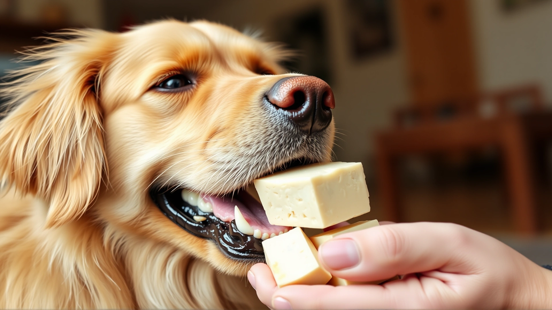 Close-up of a happy Golden Retriever carefully eating a small cube of plain tofu held by its owner, indoor setting, warm tones, no text