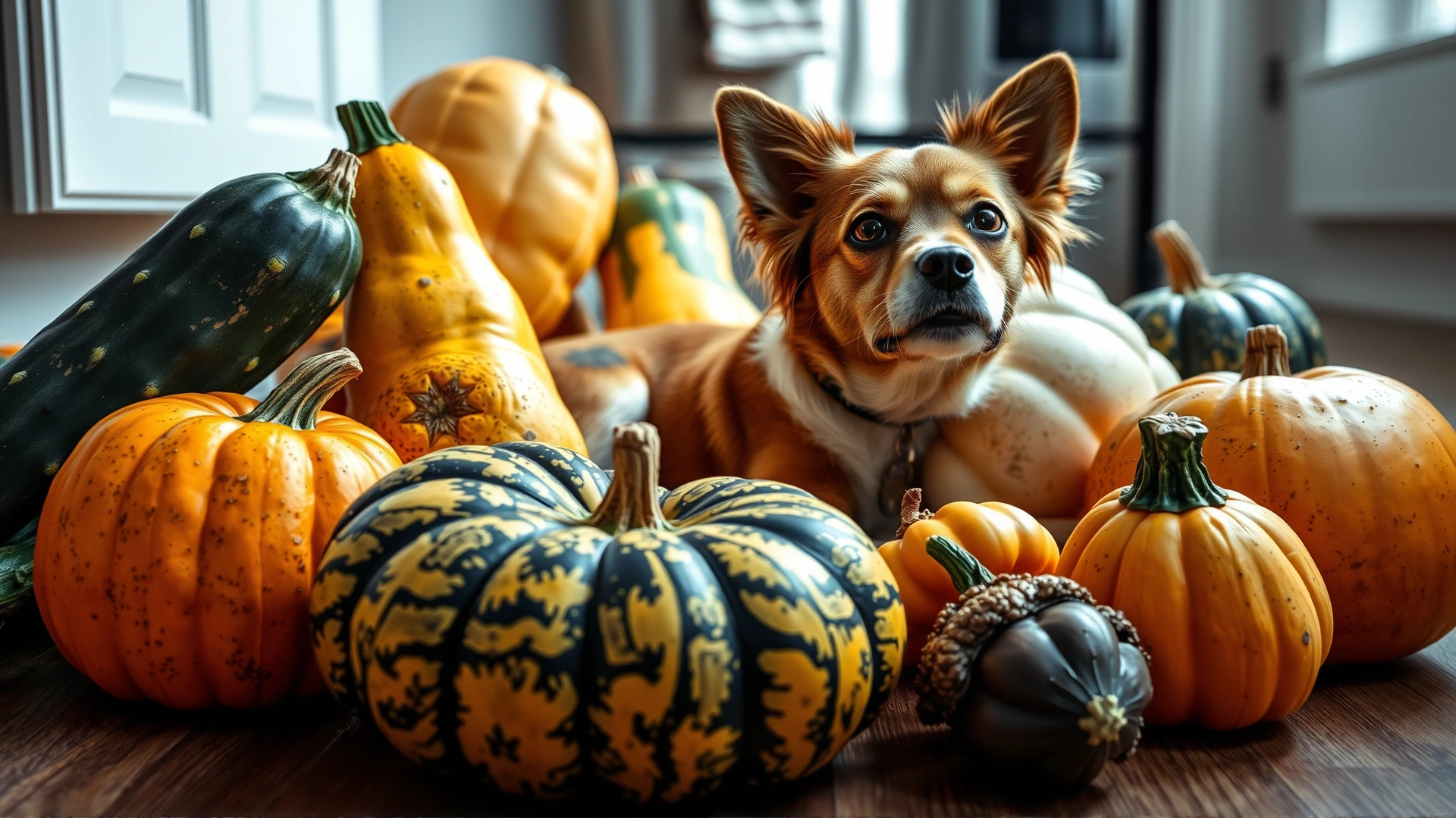 Various colorful squash types (zucchini, butternut, acorn) arranged around a curious medium-sized dog on a kitchen floor, bright daylight.