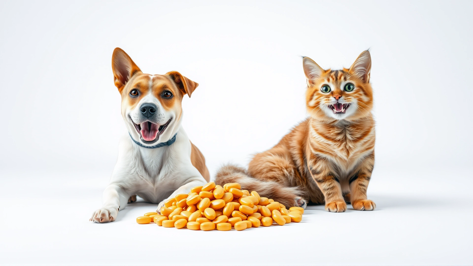 Happy dog and cat sitting side by side next to a small pile of yellow tablets, neutral white background, studio lighting.