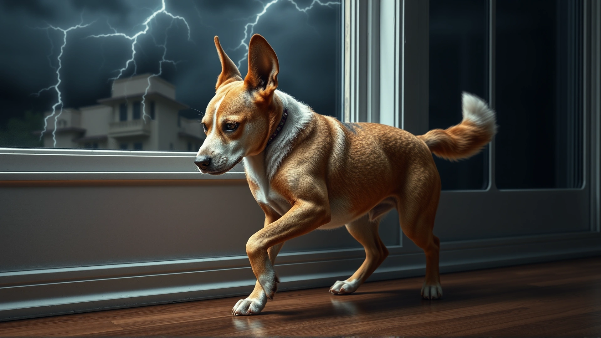 A medium-sized dog pacing nervously near a window during a thunderstorm, ears back and tail tucked, illustrating canine anxiety.