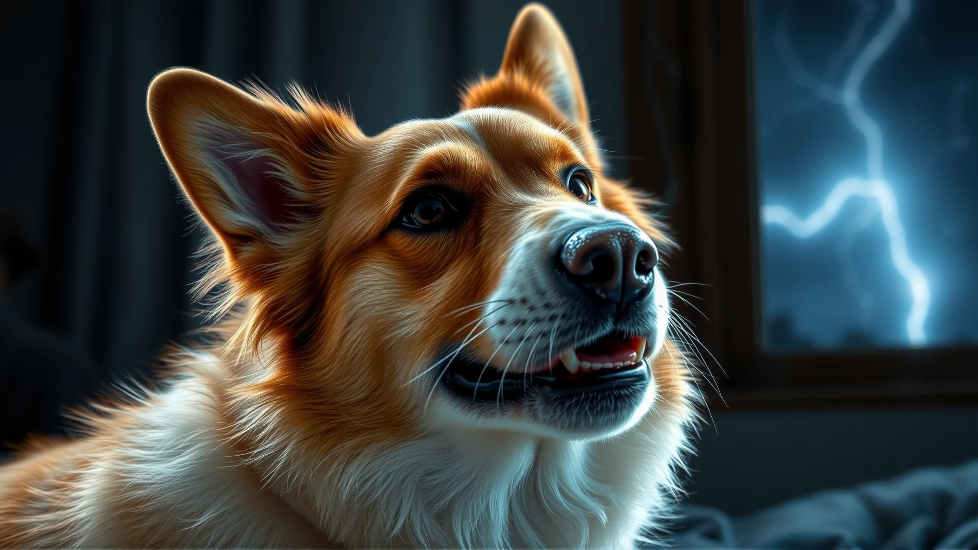 An anxious medium-sized dog panting and shaking during a thunderstorm; lightning visible through a window in the background