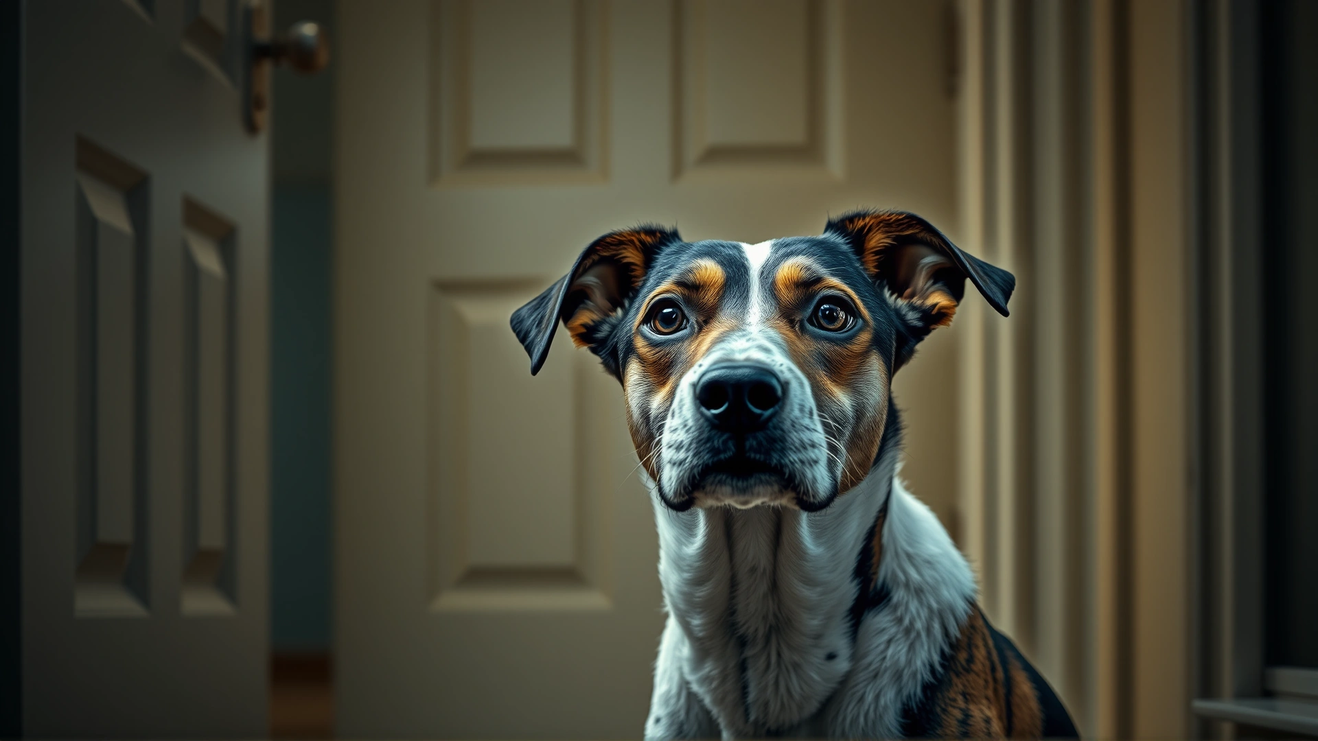 Anxious-looking dog sitting near a door inside a house, ears back and eyes wide, illustrating stress