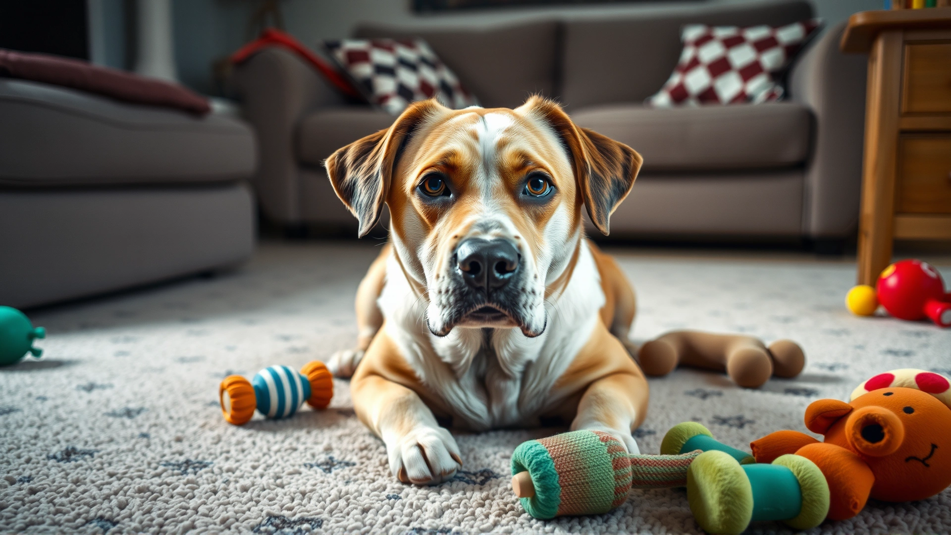Mixed breed dog sitting alone on a living room floor with scattered toys, looking sad and anxious