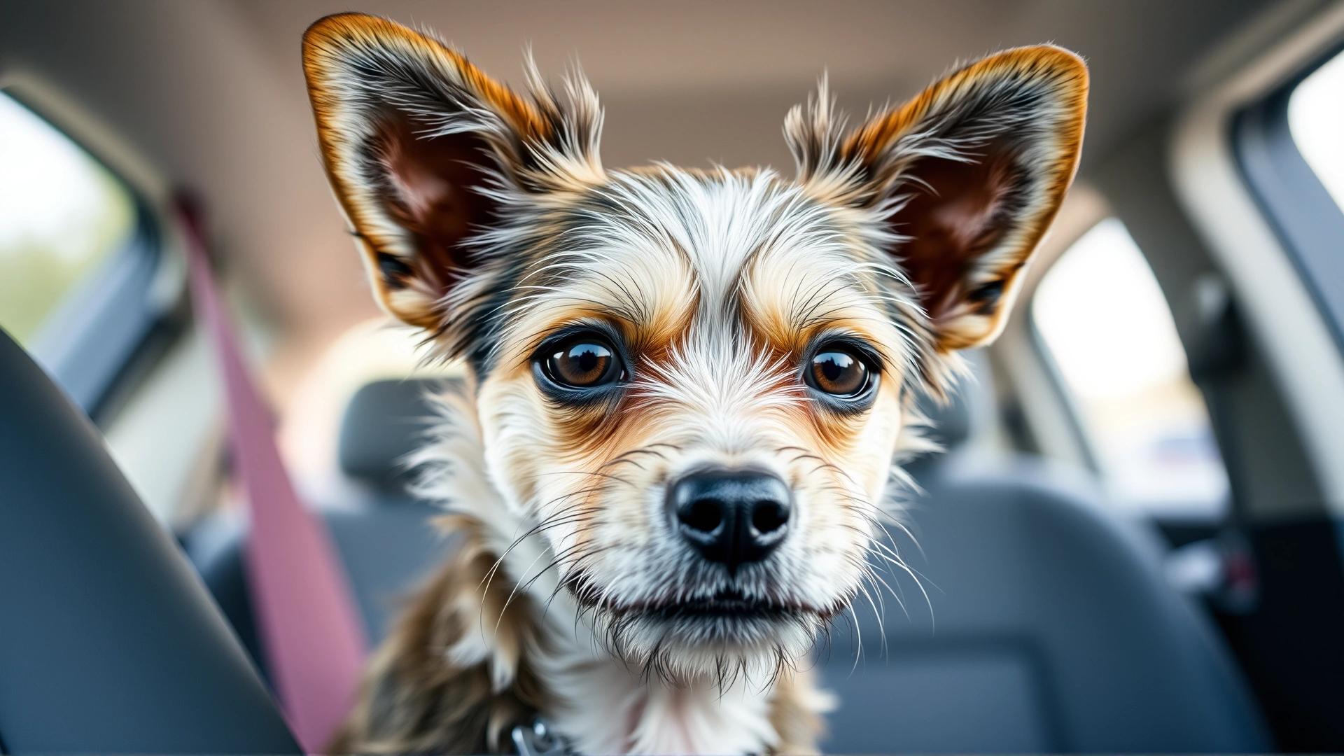 Close-up of a small terrier with ears pinned back and worried eyes sitting on a car seat; conveys anxiety before vet visit.