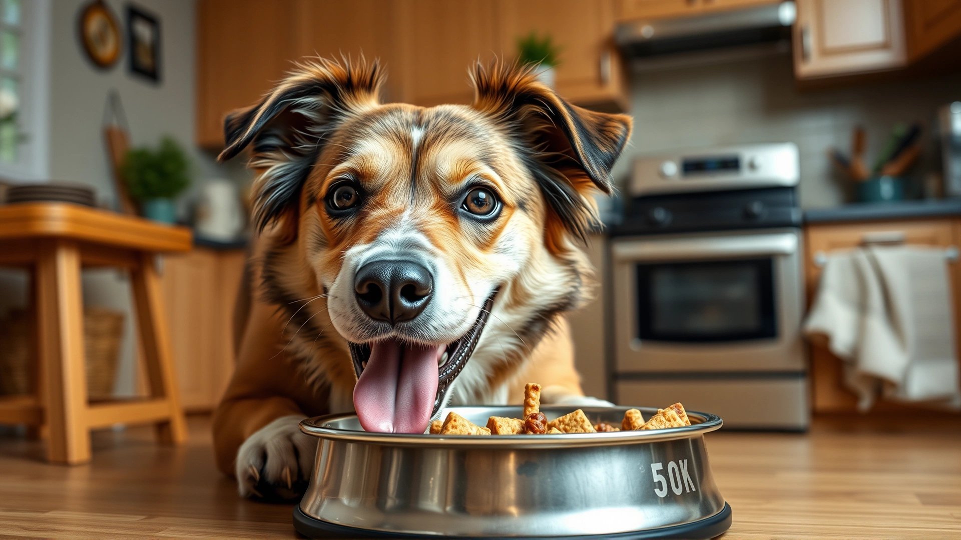 Happy medium-sized dog eagerly eating from a stainless steel food bowl in a cozy home kitchen.