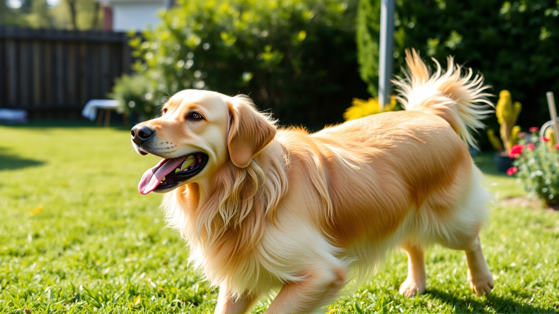 Senior golden retriever happily trotting in a green backyard holding a tennis ball, showing improved mobility, sunny afternoon light, no text.