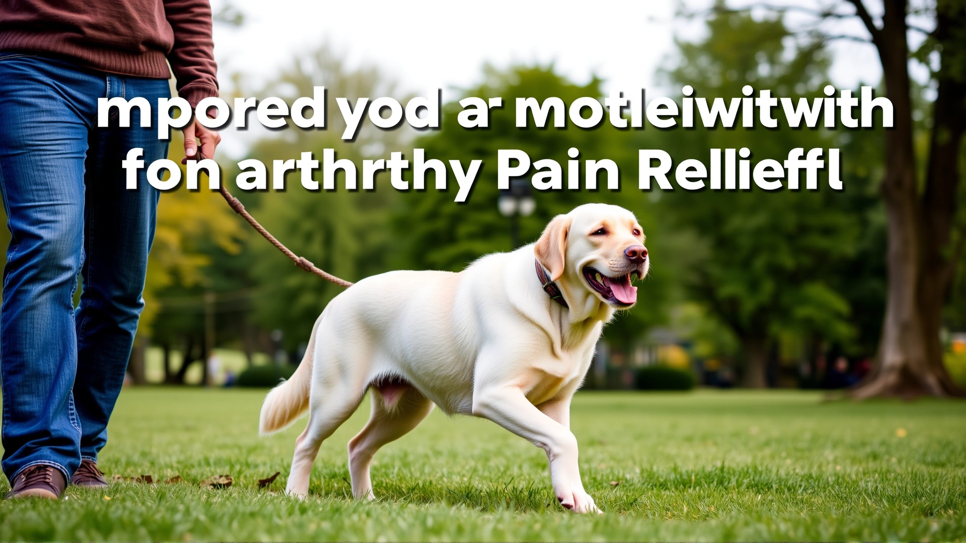 Senior Labrador retriever walking happily beside its owner in a green park, representing improved mobility from arthritis pain relief.