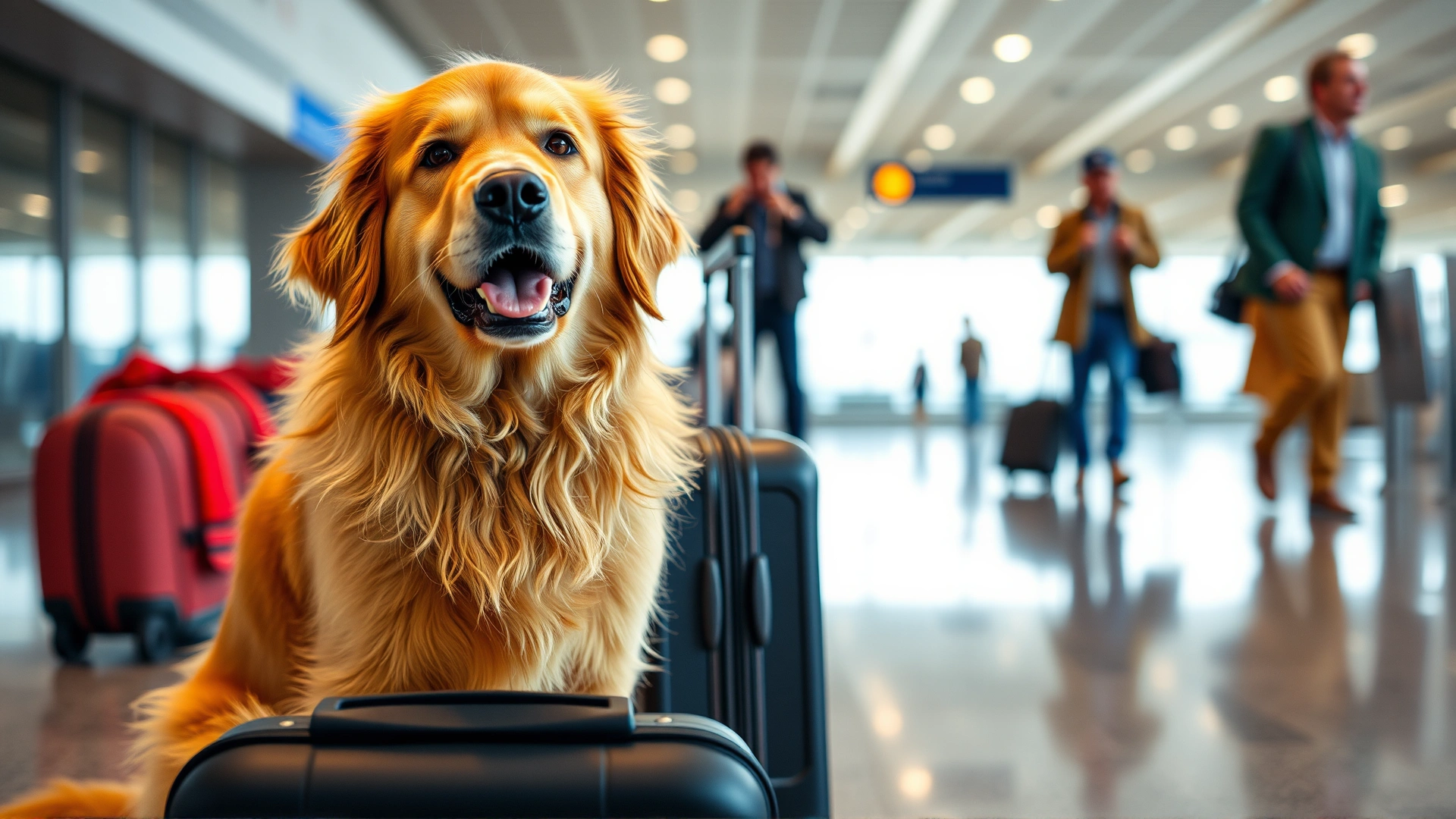 Golden retriever sitting next to a rolling suitcase inside an airport, looking excited, blurred passengers in background