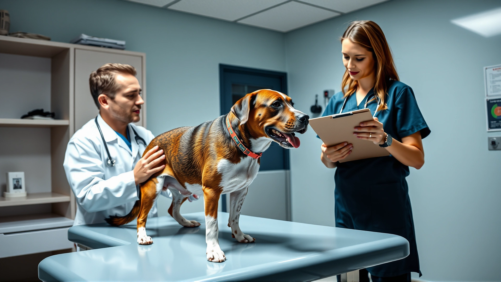 A veterinarian examining a dog on an exam table while another vet assistant holds a clipboard; clinic setting, professional lighting