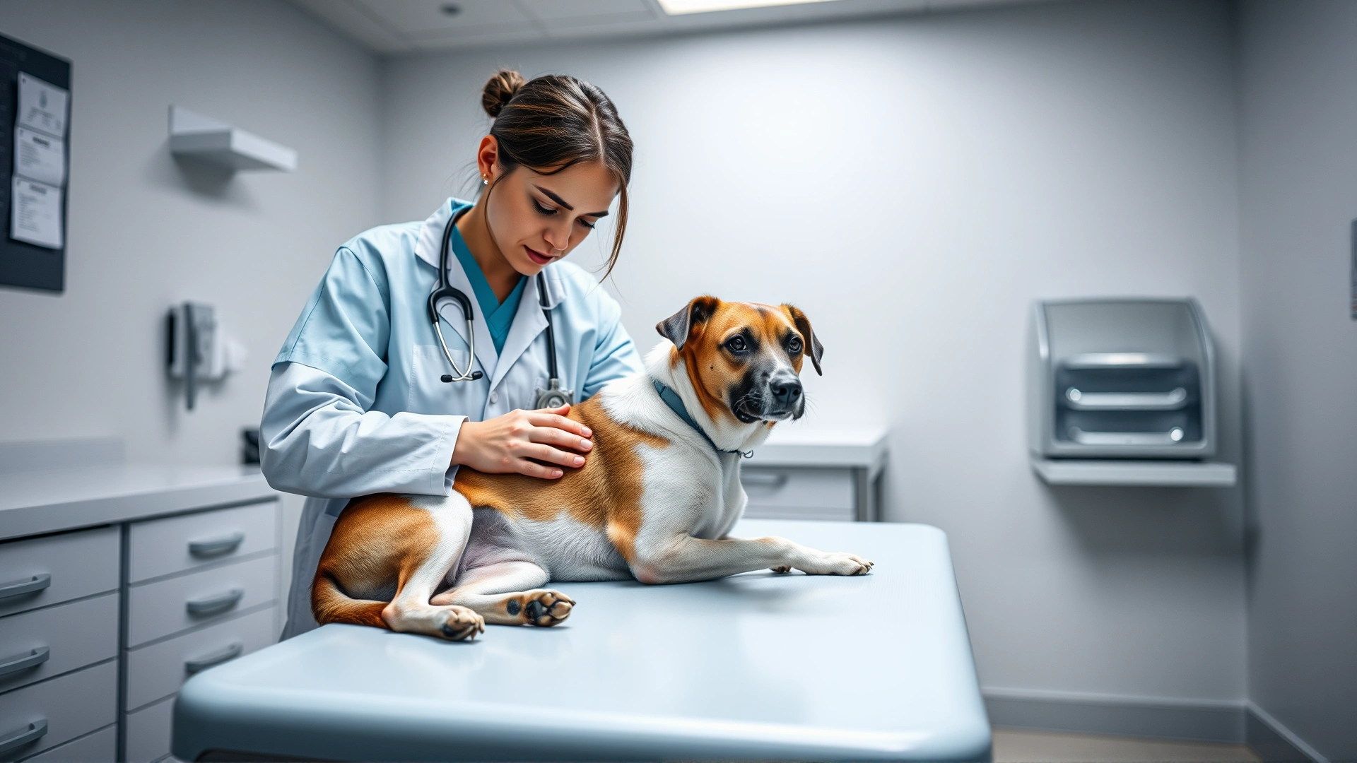 Veterinarian in a modern clinic gently examining a dog on the exam table; dog looks calm, clinical environment, no text.