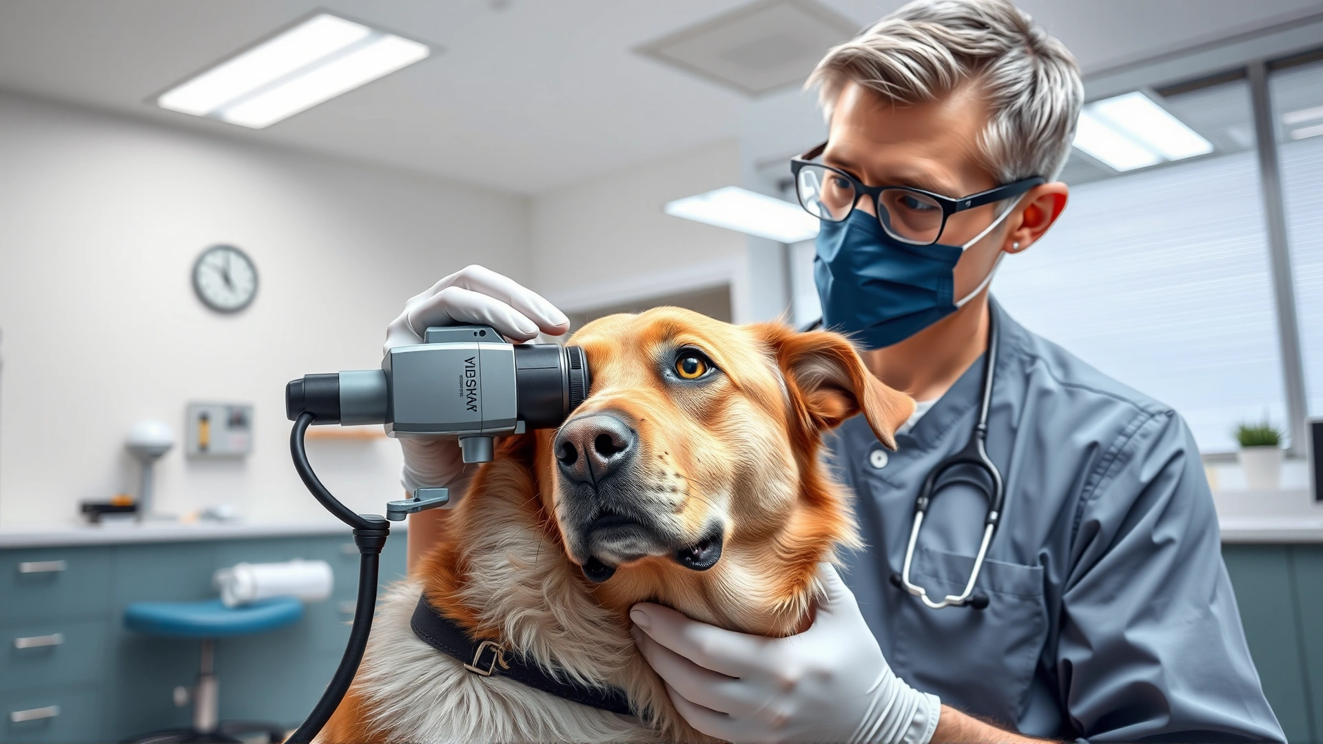 Veterinarian examining a dog's eyes in a bright, modern clinic