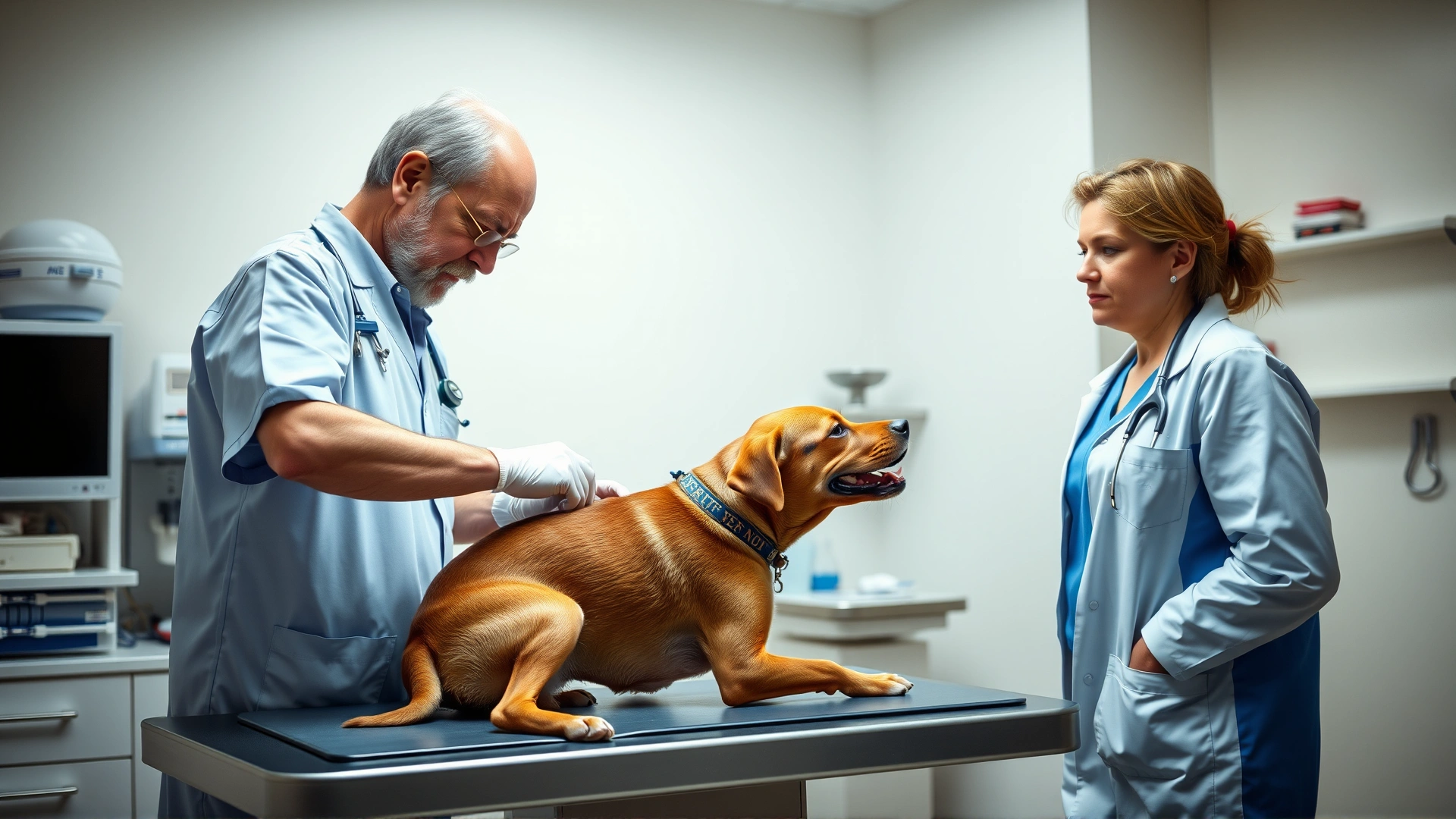 Veterinarian in a bright clinic examining a medium-sized brown dog on the examination table while the concerned owner stands nearby, medical equipment in the background