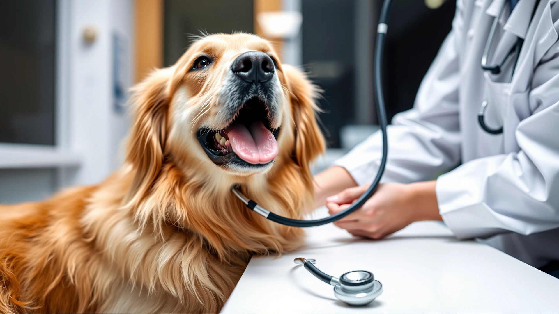Friendly golden retriever being examined by a veterinarian using a stethoscope; both look relaxed, clinic background slightly blurred.