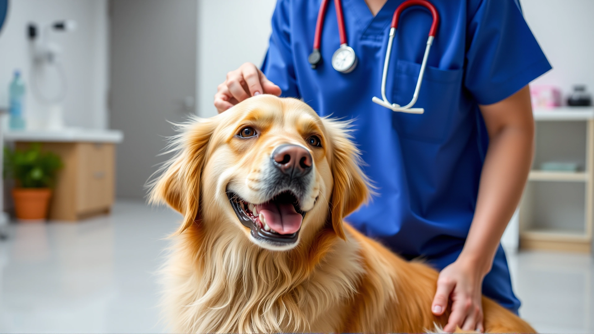 Golden retriever being gently examined by a veterinarian wearing blue scrubs in a modern clinic; the dog looks relaxed and happy