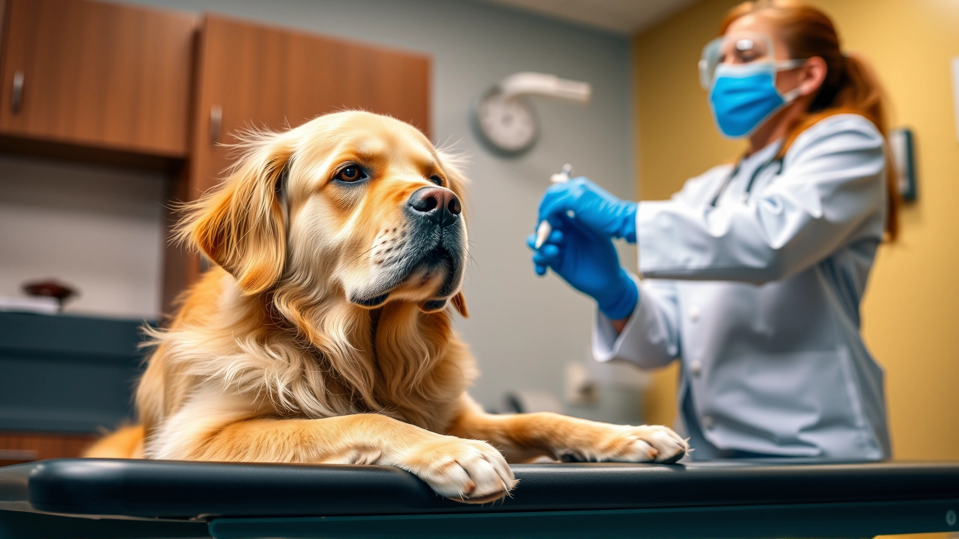 Golden retriever sitting calmly on an examination table while a veterinarian prepares an injection in a well-lit clinic.