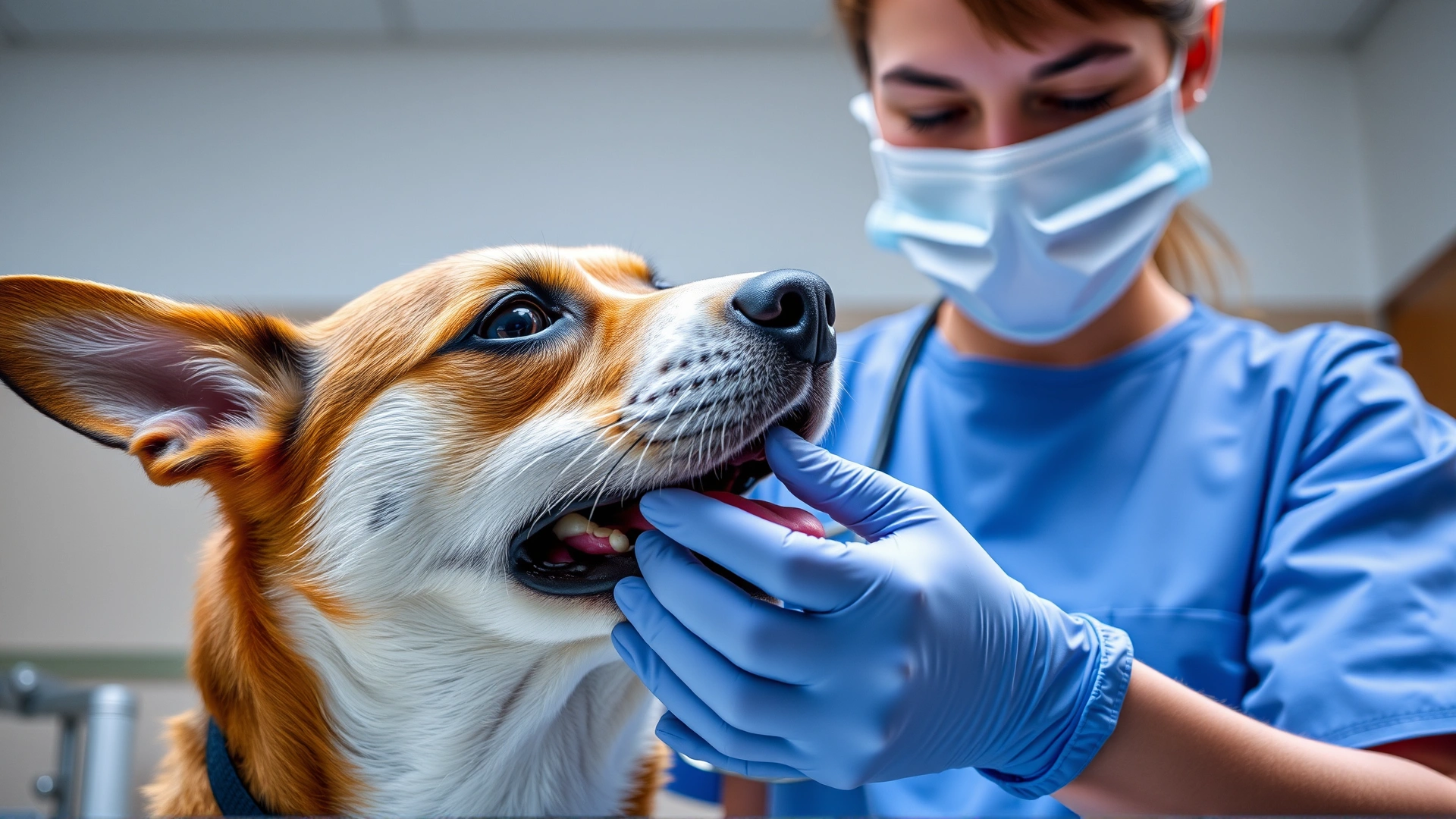 Veterinarian wearing gloves examining a dog’s open mouth under clinic lighting, focus on professional care setting