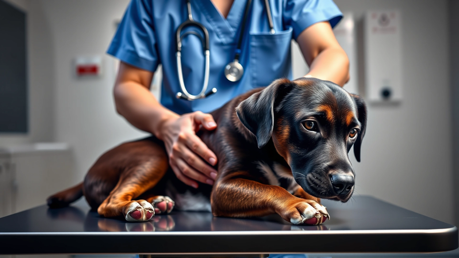 Veterinarian gently examining a calm dog on the exam table, clinic background, stethoscope visible