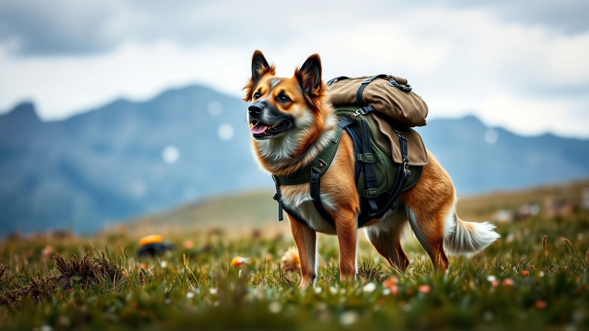 Medium-sized dog wearing a balanced saddlebag backpack on an alpine meadow, mountains in the background.