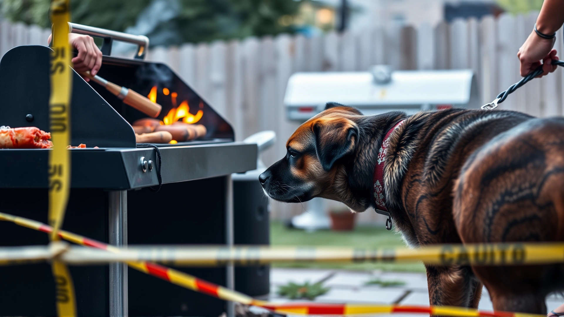 Curious dog sniffing near a backyard barbecue grill while a person cooks, with caution tape or boundary visible to indicate safety.