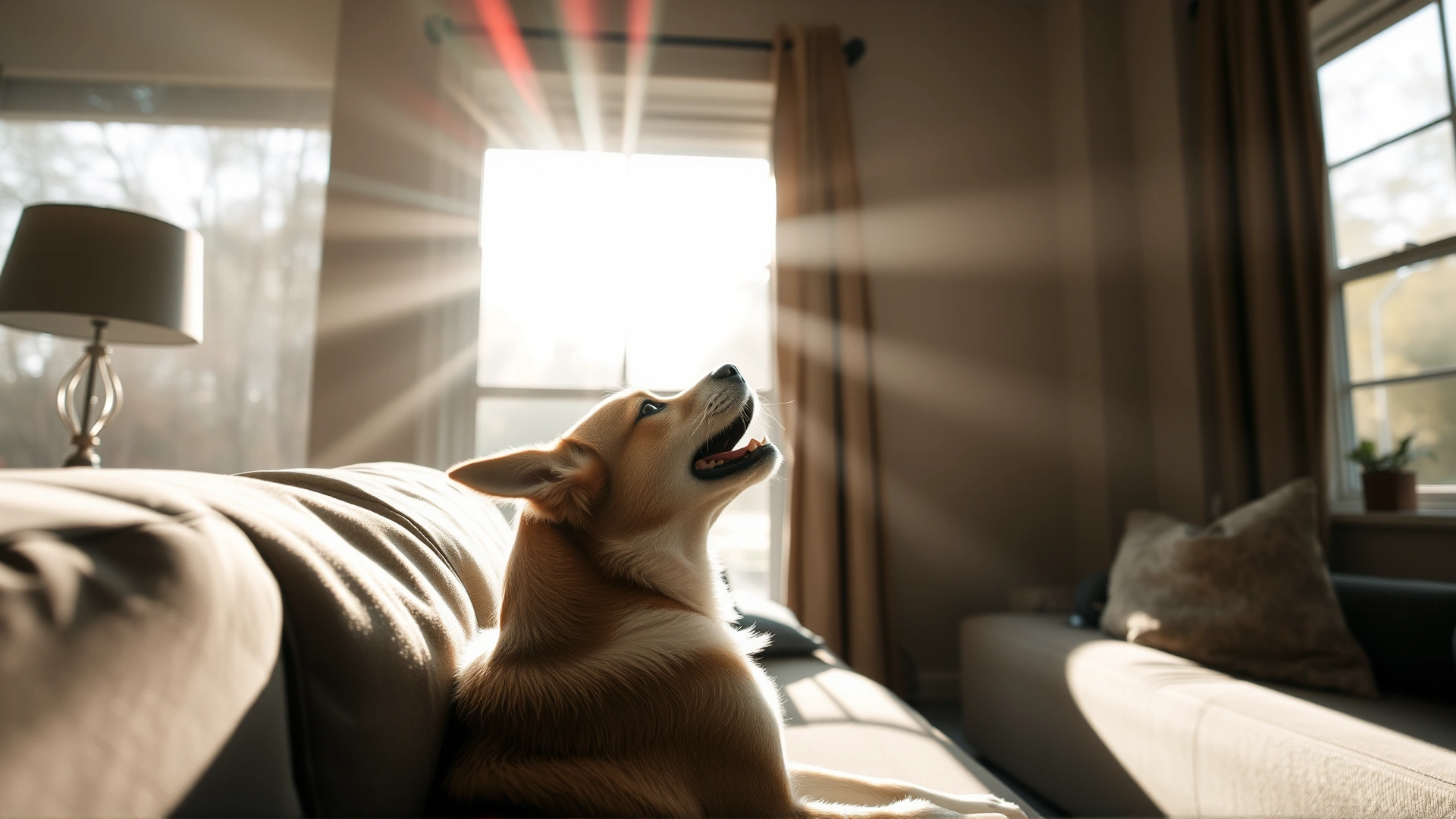 Indoor shot of a dog on a couch barking at something outside a large window, sunbeams coming through, shallow depth, home interior vibe.