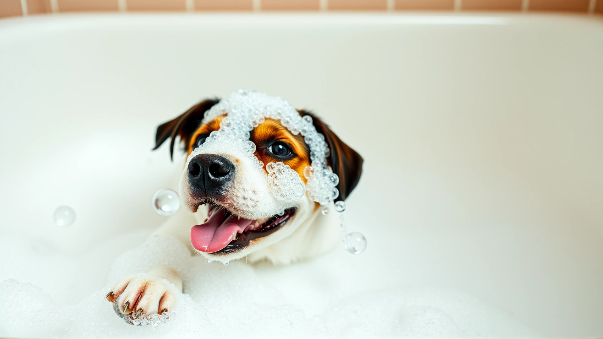 Playful dog covered in bubbles inside a bathtub, representing regular bathing as part of flea prevention
