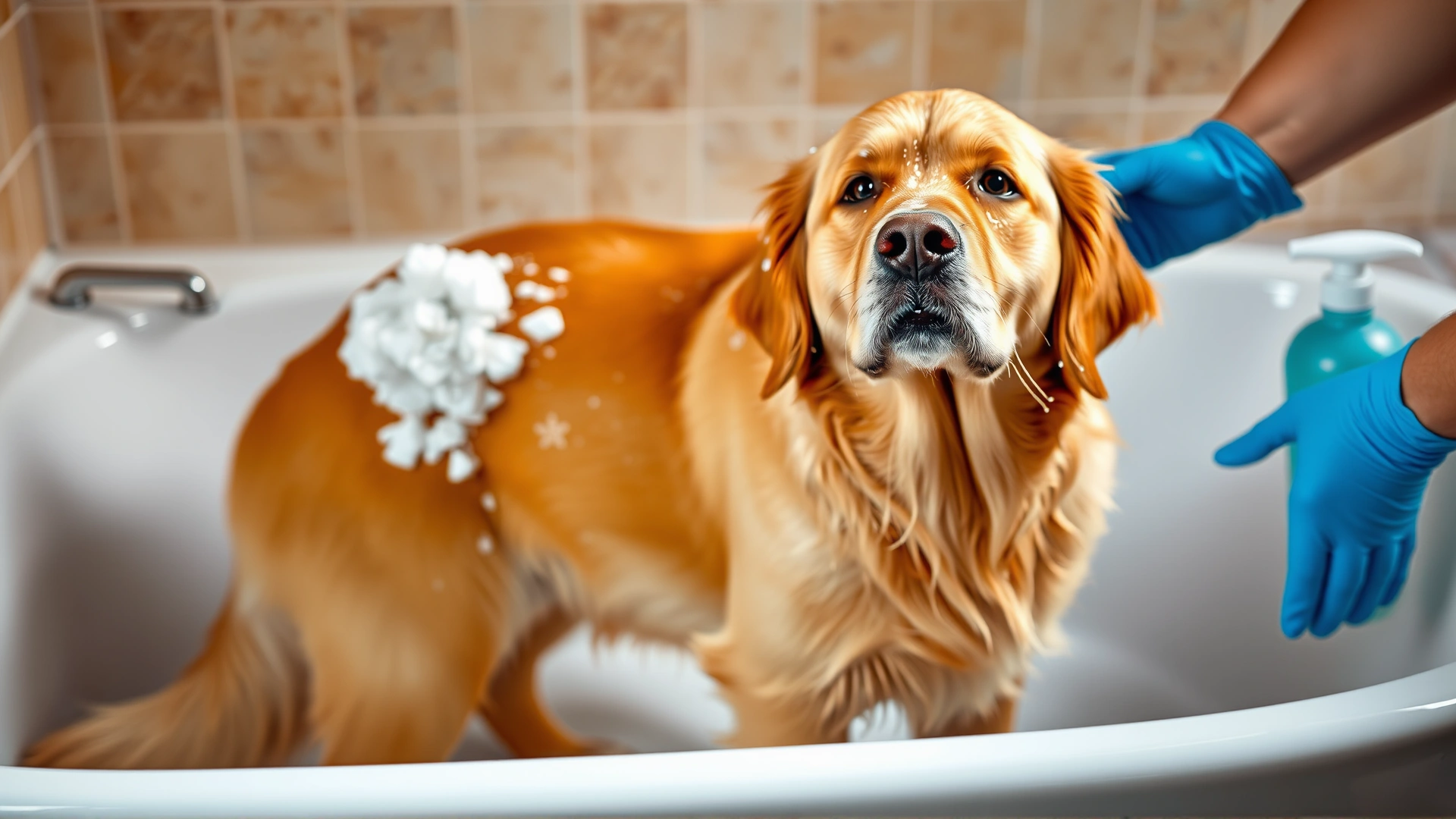 Medium shot of a golden retriever calmly standing in a bathtub while a person wearing gloves gently lathers shampoo into its coat
