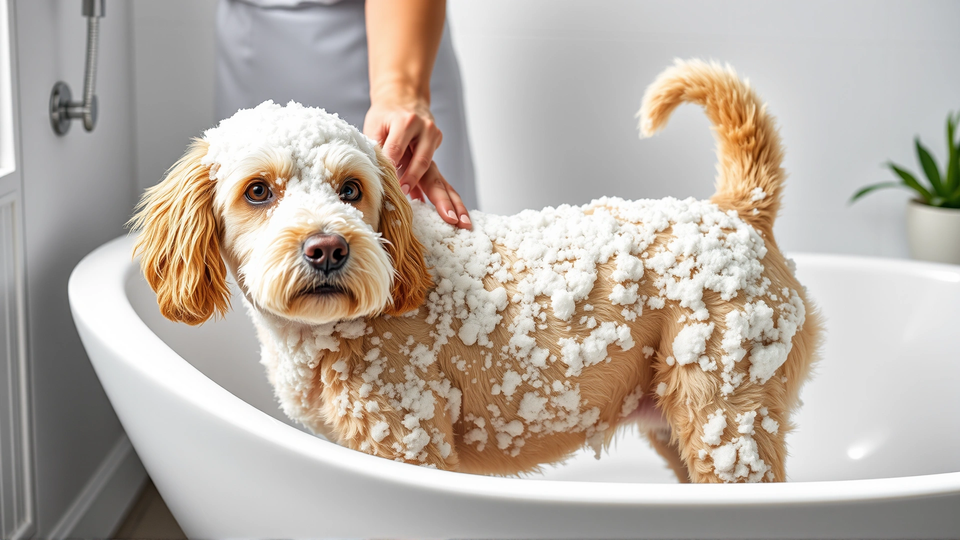 Dog standing in bathtub covered in foamy oatmeal shampoo, owner gently massaging the coat, bright bathroom setting