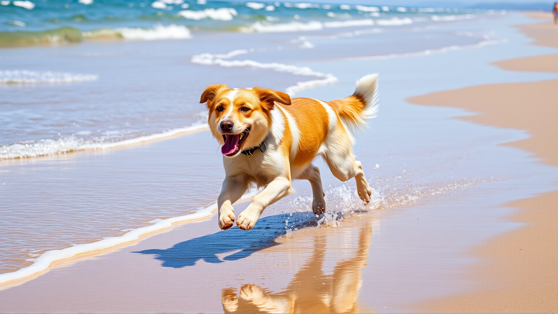 Dog running joyfully along a sunny beach shoreline with splashes of water around