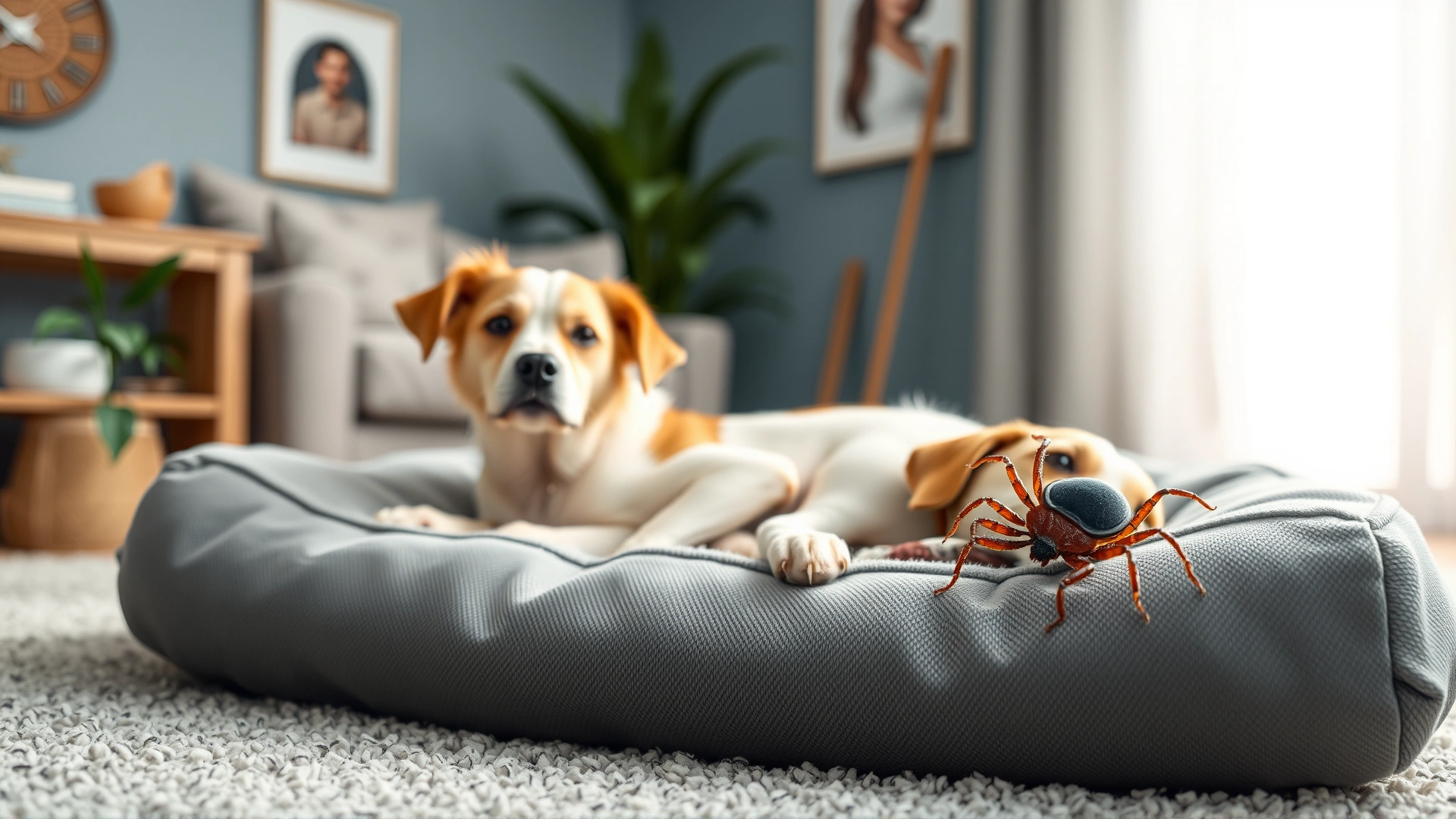 Cozy dog bed in living room, close-up of tick crawling on fabric