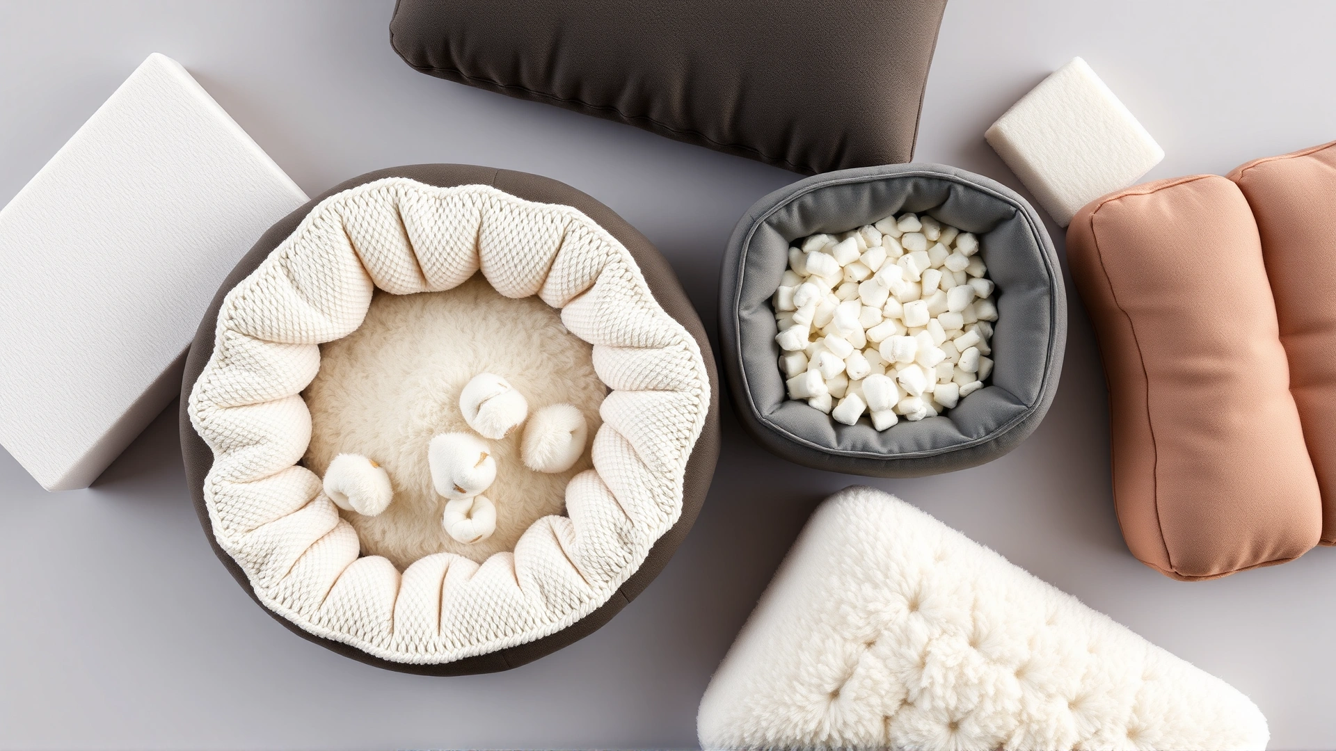 Flat lay of various dog bed materials including memory foam, cotton stuffing, wool, and synthetic fiber clusters on a neutral background.