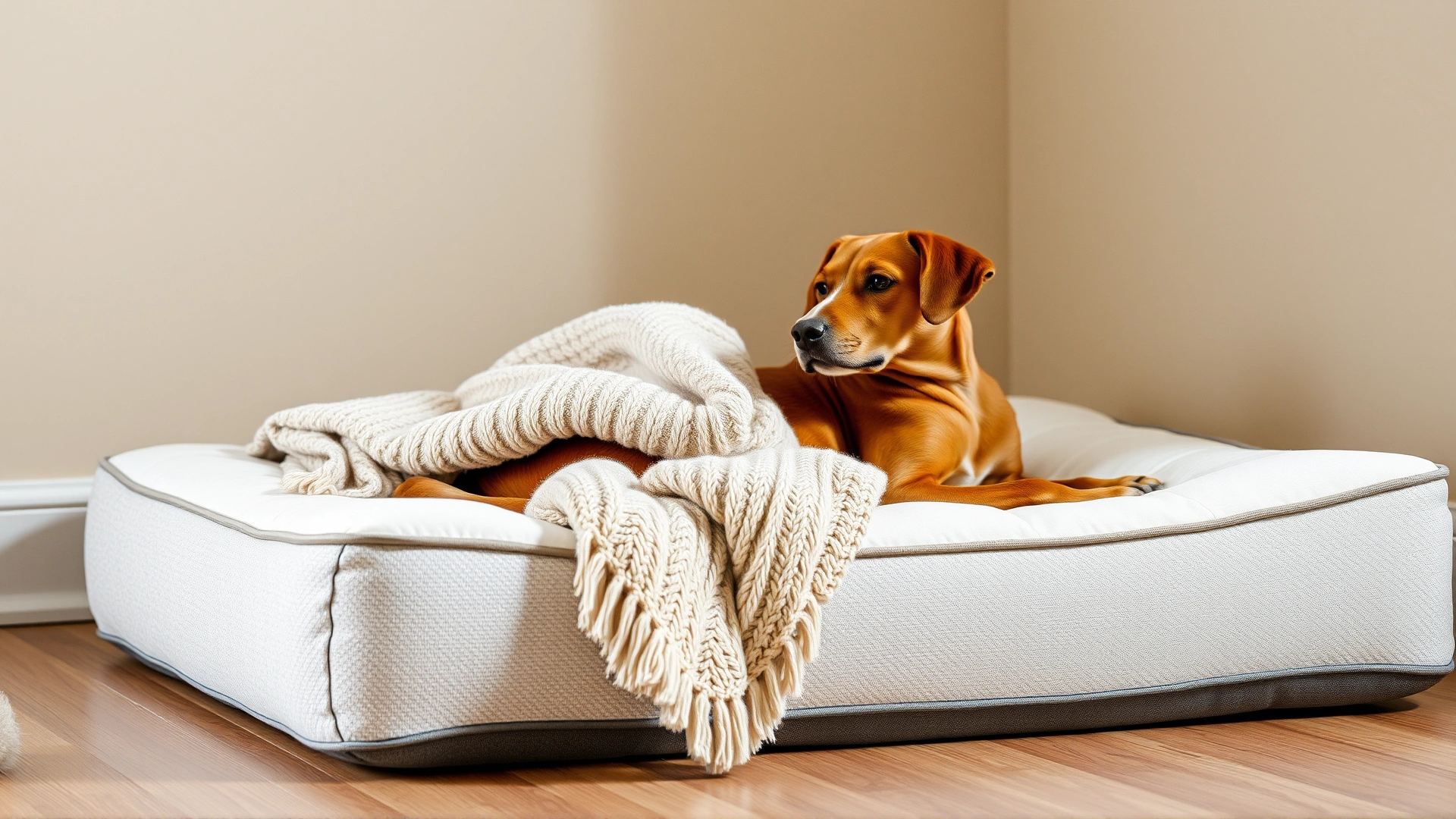 Styled interior photo of a high-quality memory-foam dog bed with soft blankets in a quiet corner