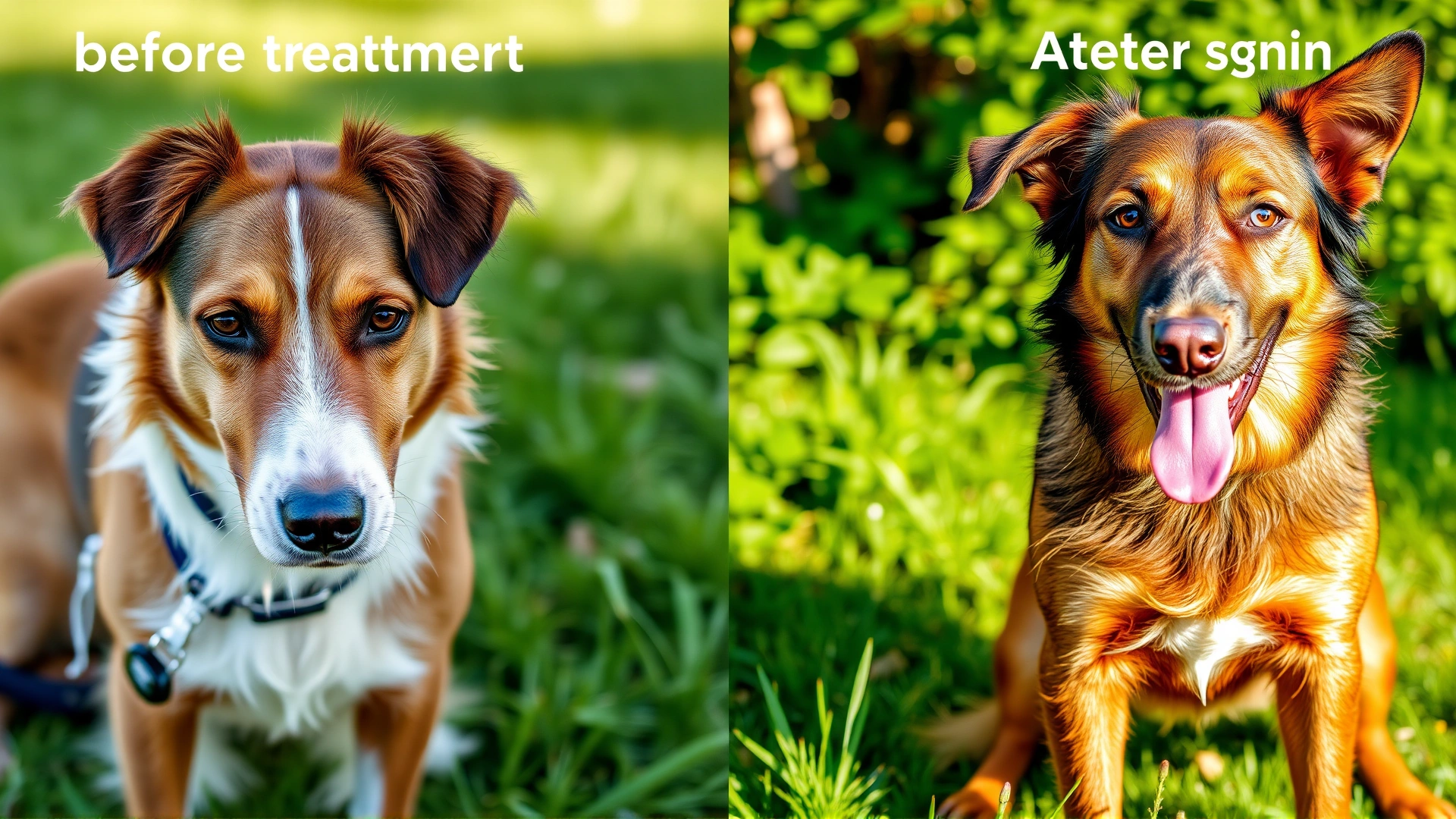 Split image showing the same dog before treatment (lethargic with dull coat) on the left and after treatment (energetic with shiny coat) on the right, outdoors in natural light.