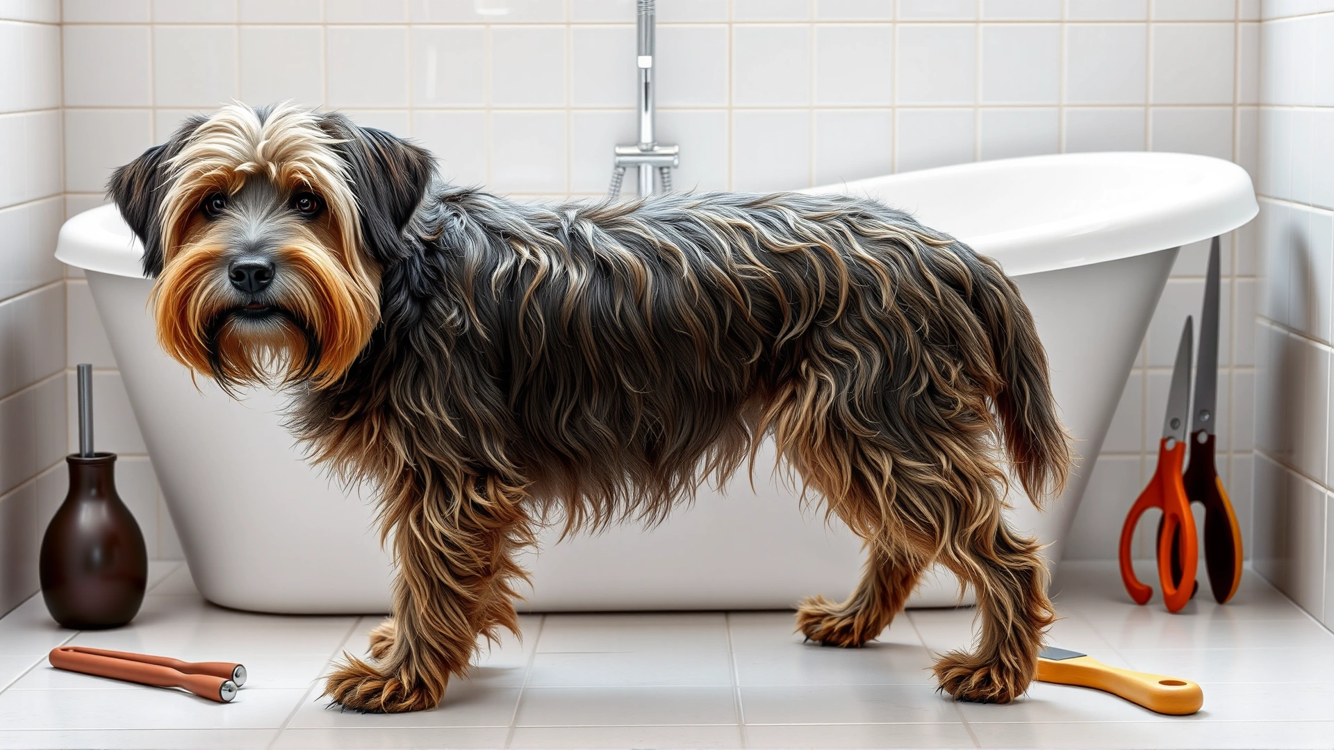 A shaggy dog standing calmly next to a bathtub with grooming tools neatly arranged, showing preparation stage before bath